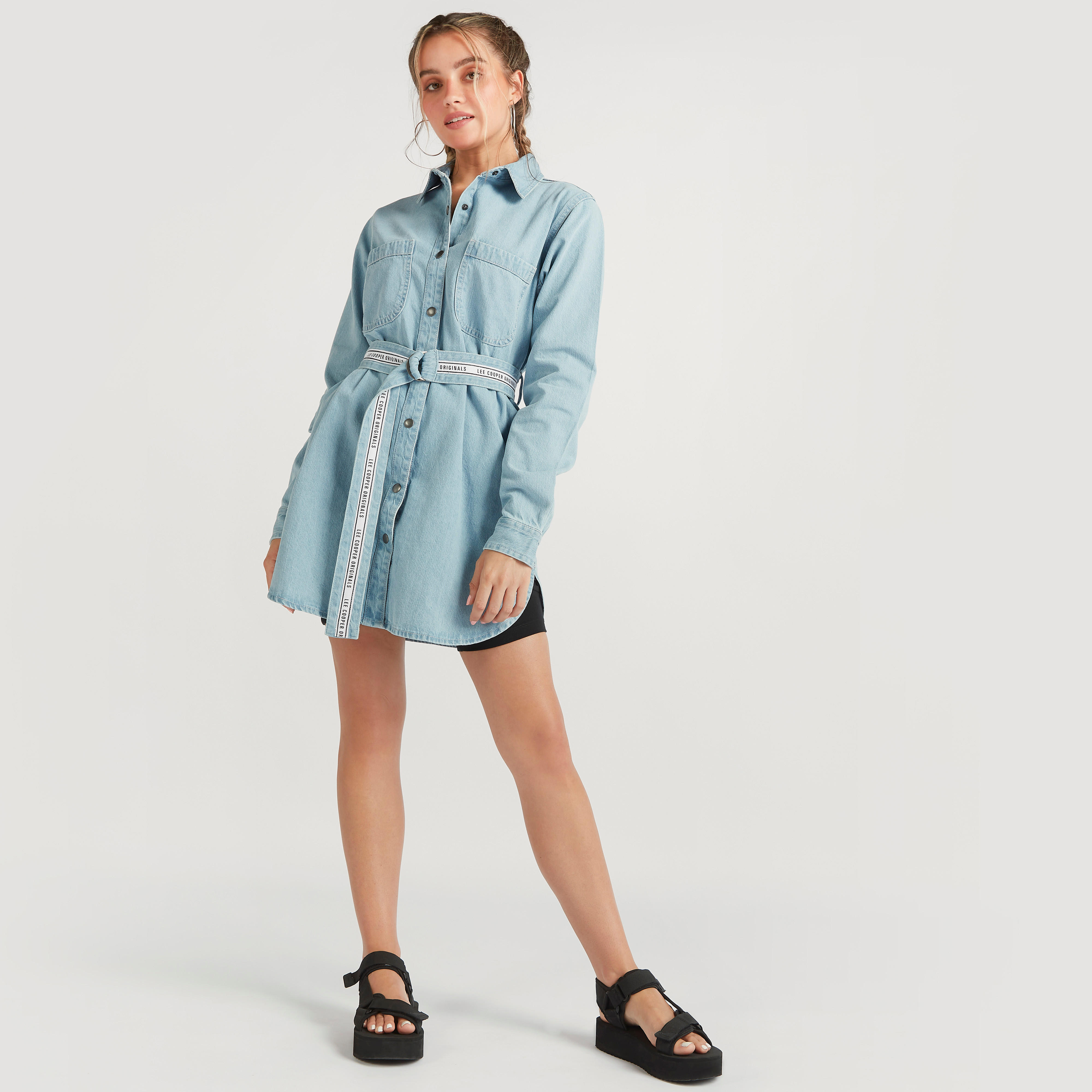فستان قميص قصير بحزام وأكمام طويلة من لي كوبر-women-clothing-dresses-image-2