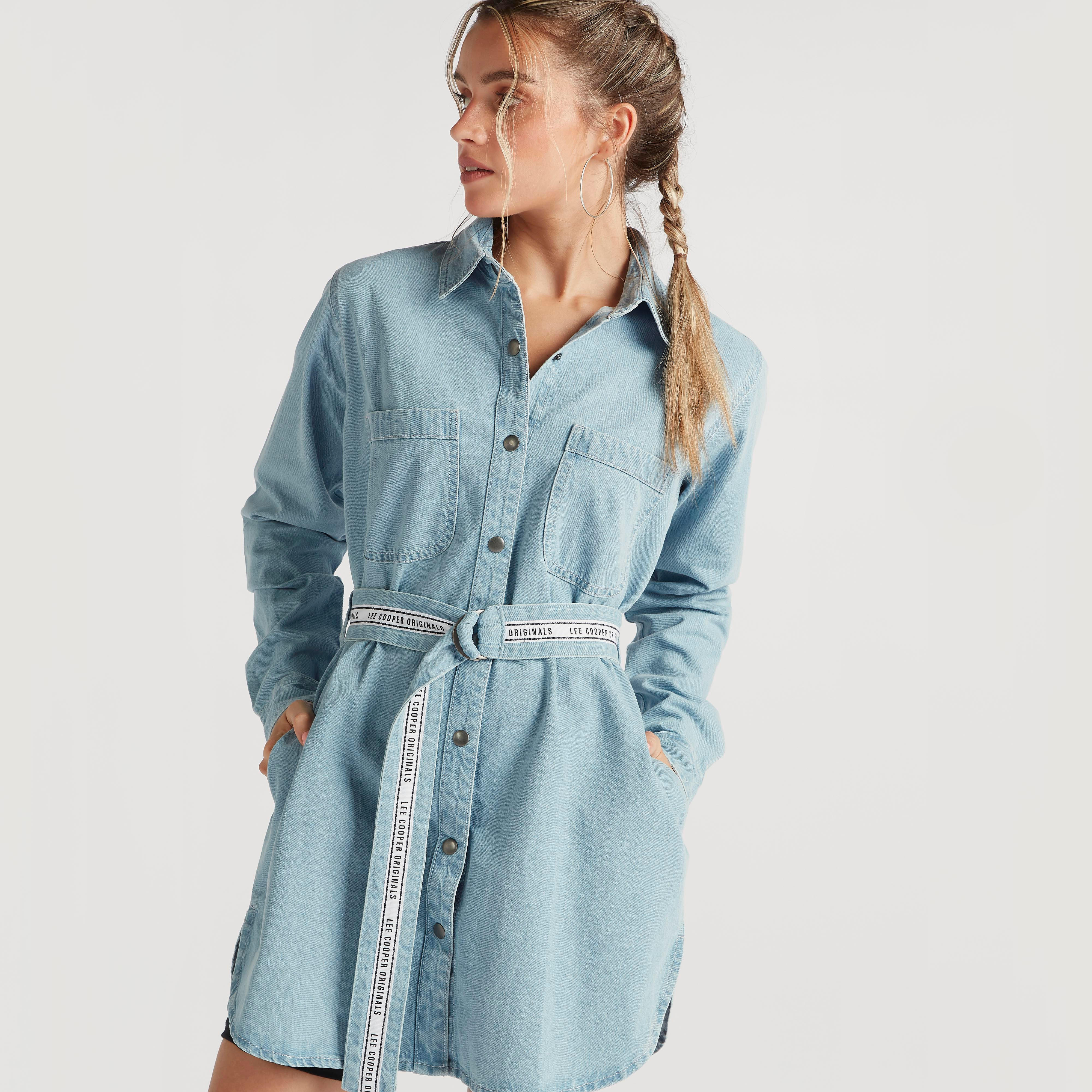 فستان قميص قصير بحزام وأكمام طويلة من لي كوبر-women-clothing-dresses-image-5