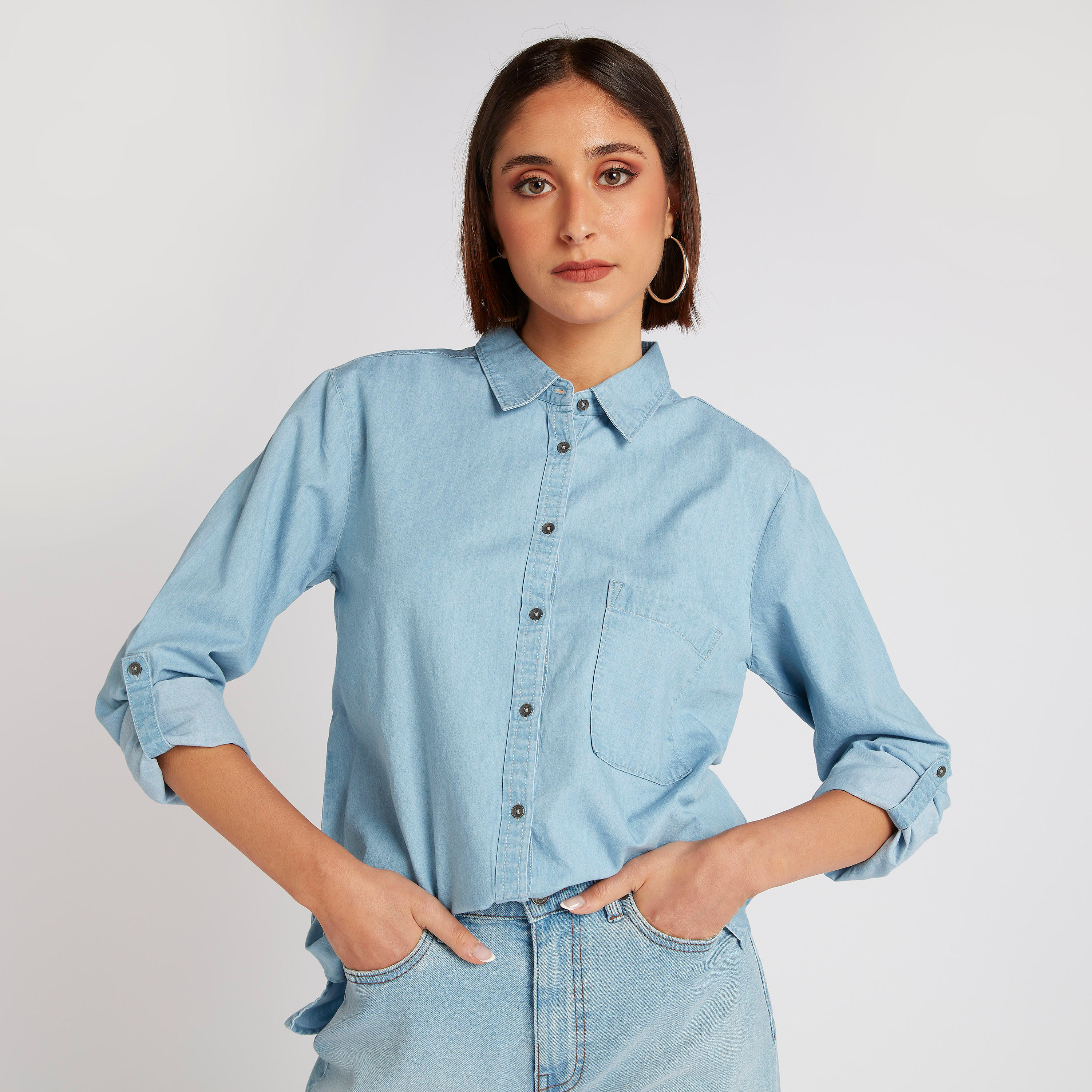 Lee Cooper Solid Shirt with Long Sleeves and Pocket-women-clothing-shirtsandblouses-shirts-image-1