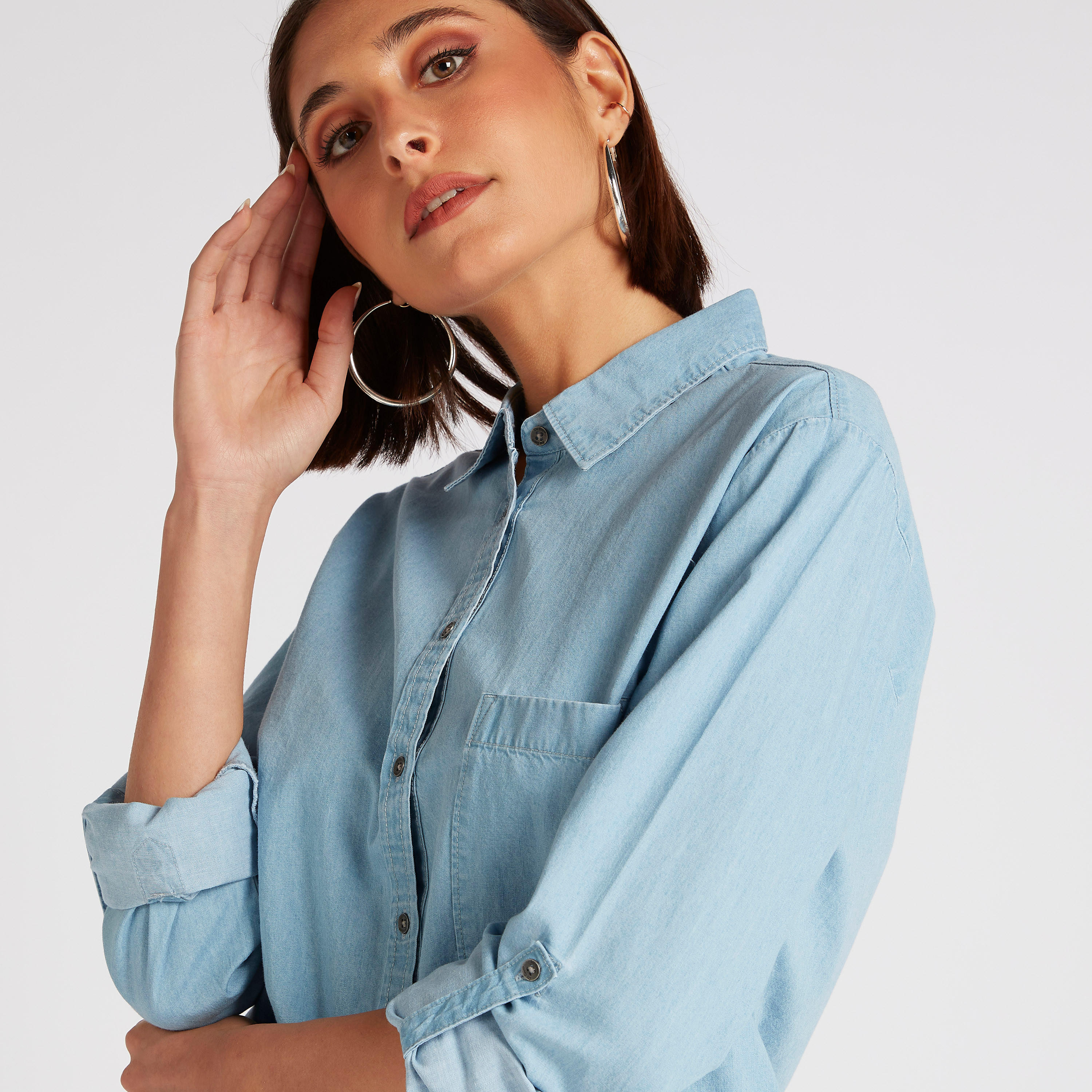 Lee Cooper Solid Shirt with Long Sleeves and Pocket-women-clothing-shirtsandblouses-shirts-image-3