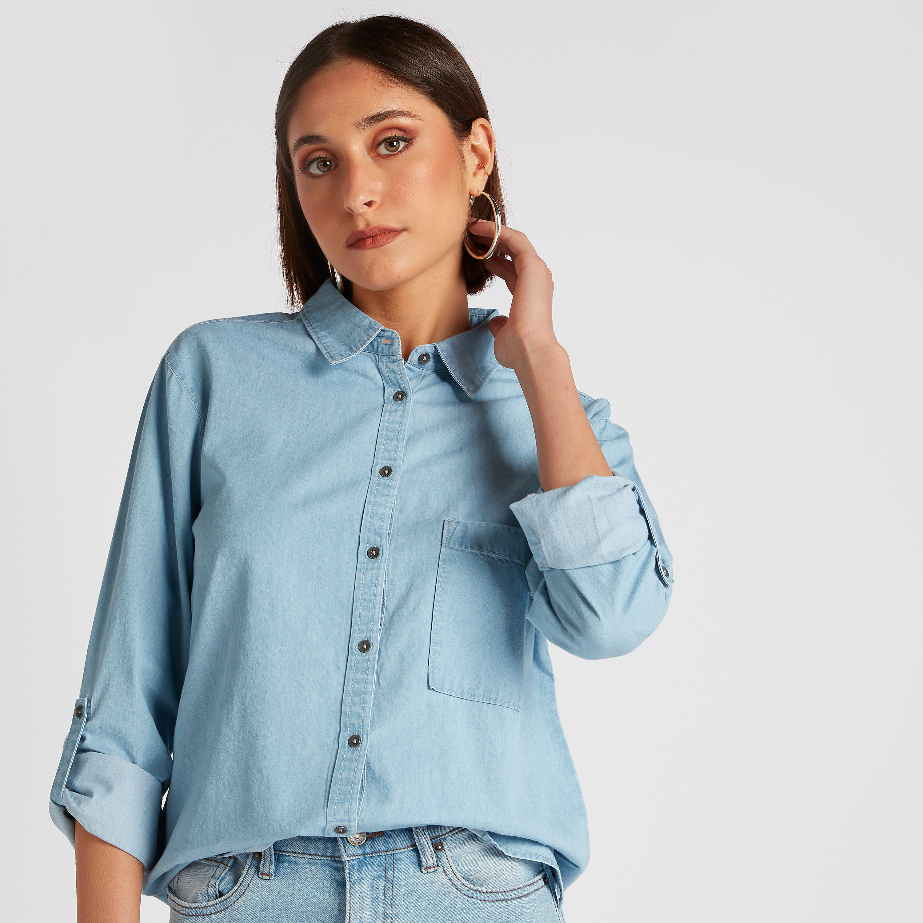 Lee Cooper Solid Shirt with Long Sleeves and Pocket-women-clothing-shirtsandblouses-shirts-image-6