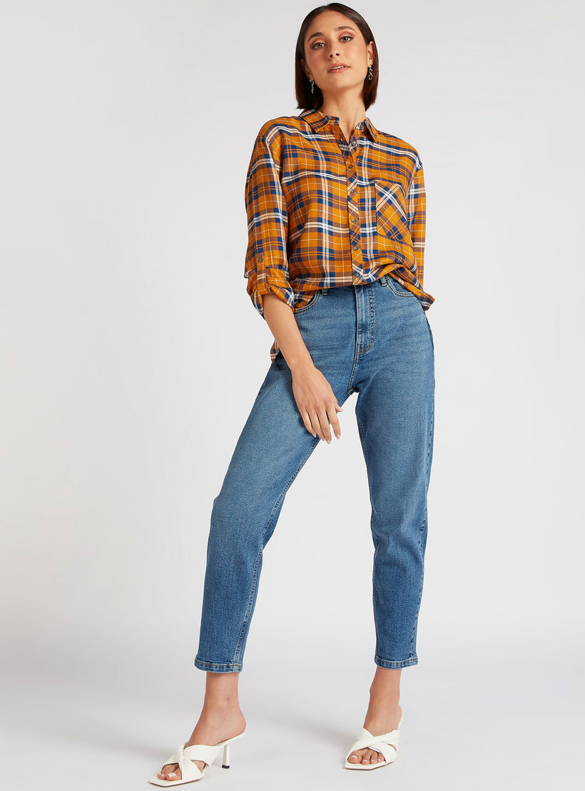 قميص كاروهات بأكمام طويلة وجيب من لي كوبر-women-clothing-shirtsandblouses-shirts-image-5
