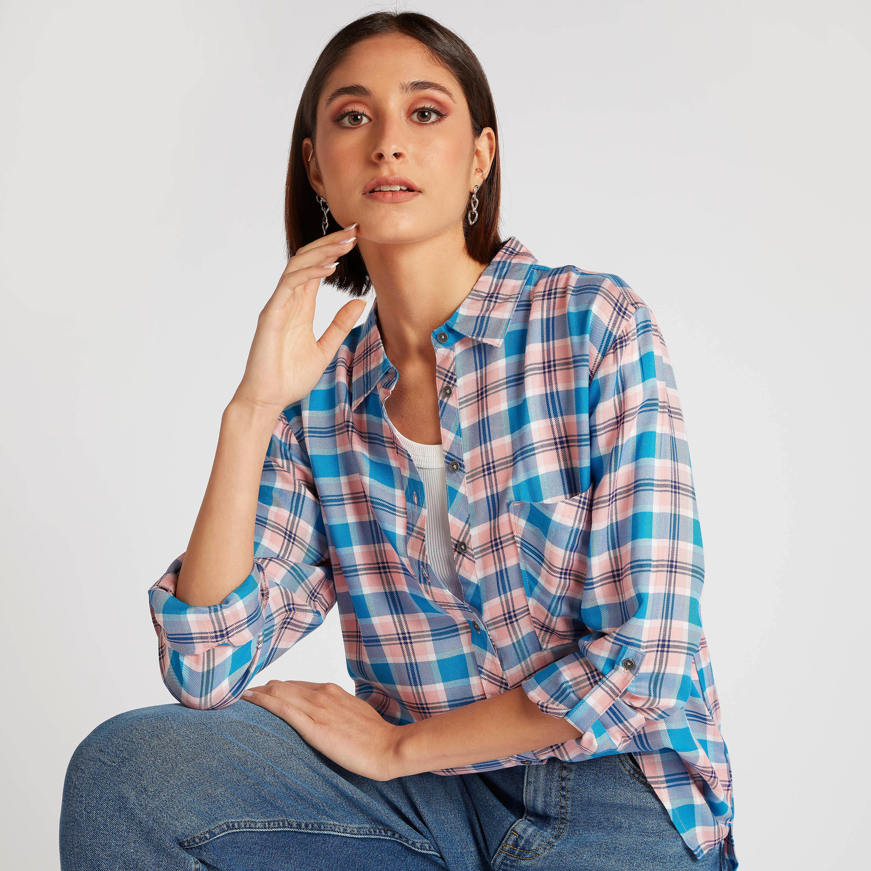 Lee Cooper Checked Shirt with Long Sleeves and Pocket-women-clothing-shirtsandblouses-shirts-image-1