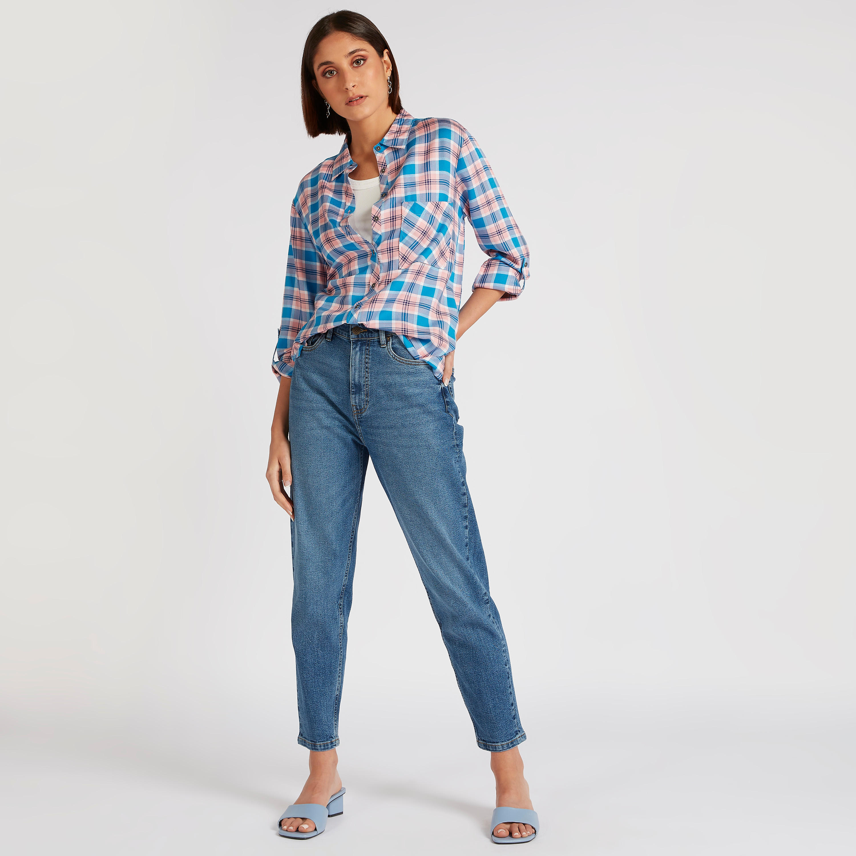 Lee Cooper Checked Shirt with Long Sleeves and Pocket-women-clothing-shirtsandblouses-shirts-image-2