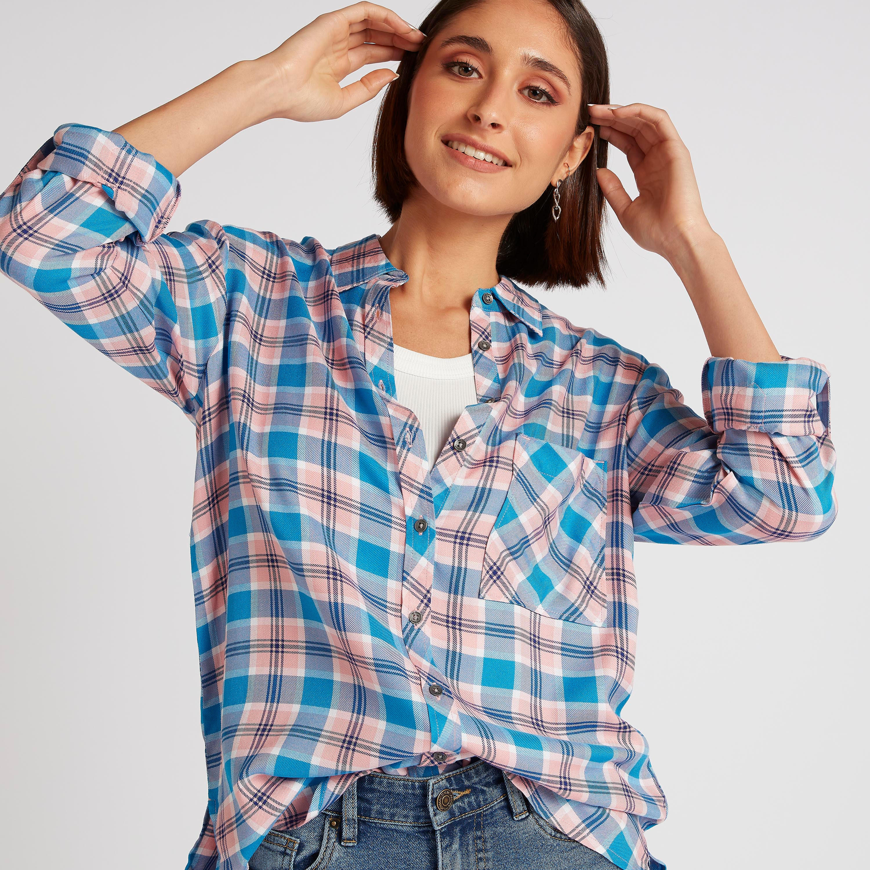 Lee Cooper Checked Shirt with Long Sleeves and Pocket-women-clothing-shirtsandblouses-shirts-image-3
