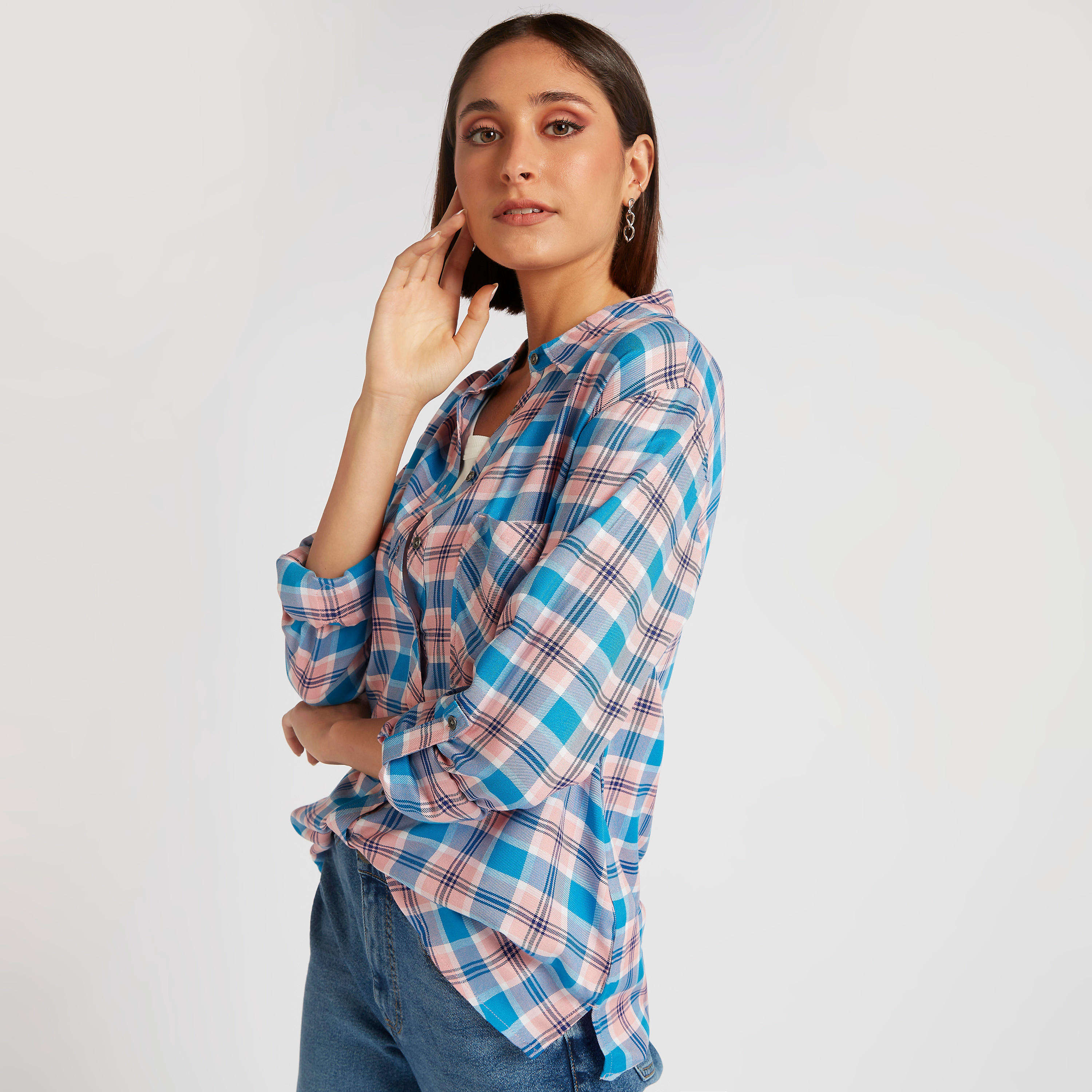 Lee Cooper Checked Shirt with Long Sleeves and Pocket-women-clothing-shirtsandblouses-shirts-image-5
