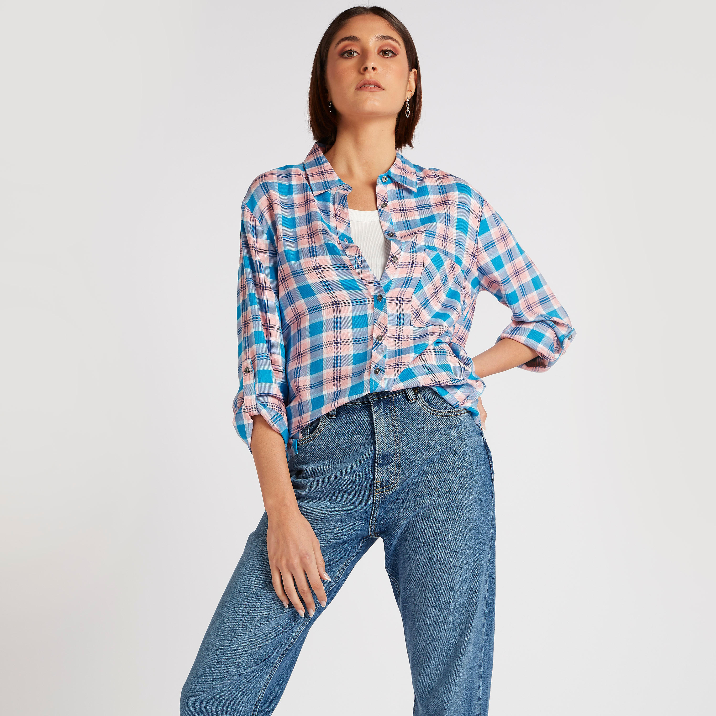 Lee Cooper Checked Shirt with Long Sleeves and Pocket-women-clothing-shirtsandblouses-shirts-image-7