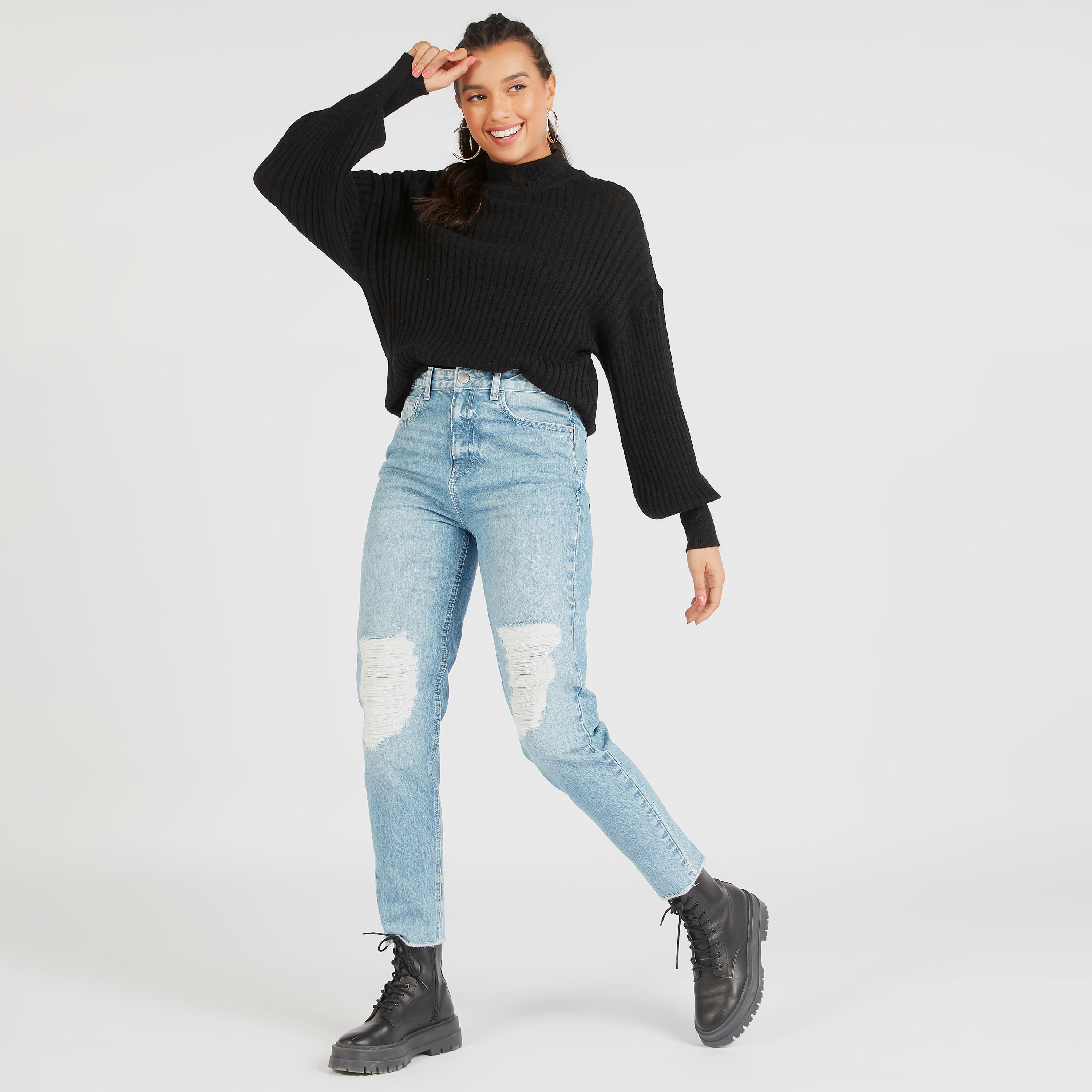 بنطلون جينز مضلّع موم فيت بزر إغلاق من لي كوبر-women-clothing-bottoms-jeans-image-1
