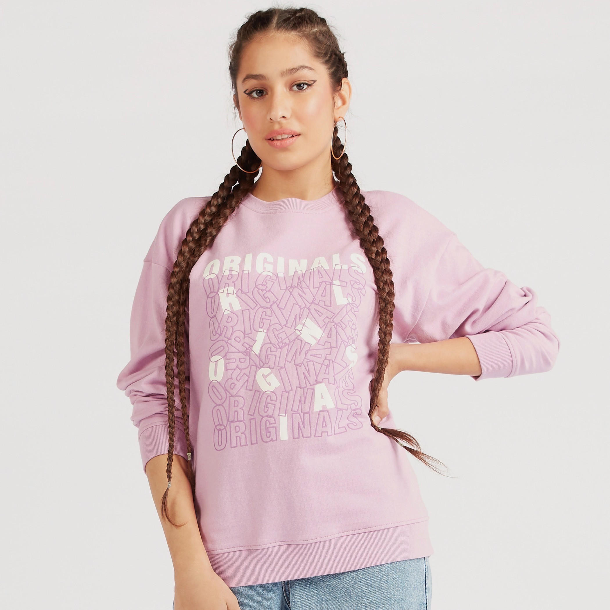 Lee Cooper Printed Crew Neck Sweatshirt with Long Sleeves-women-winterwear-hoodiesandsweatshirts-sweatshirts-image-1
