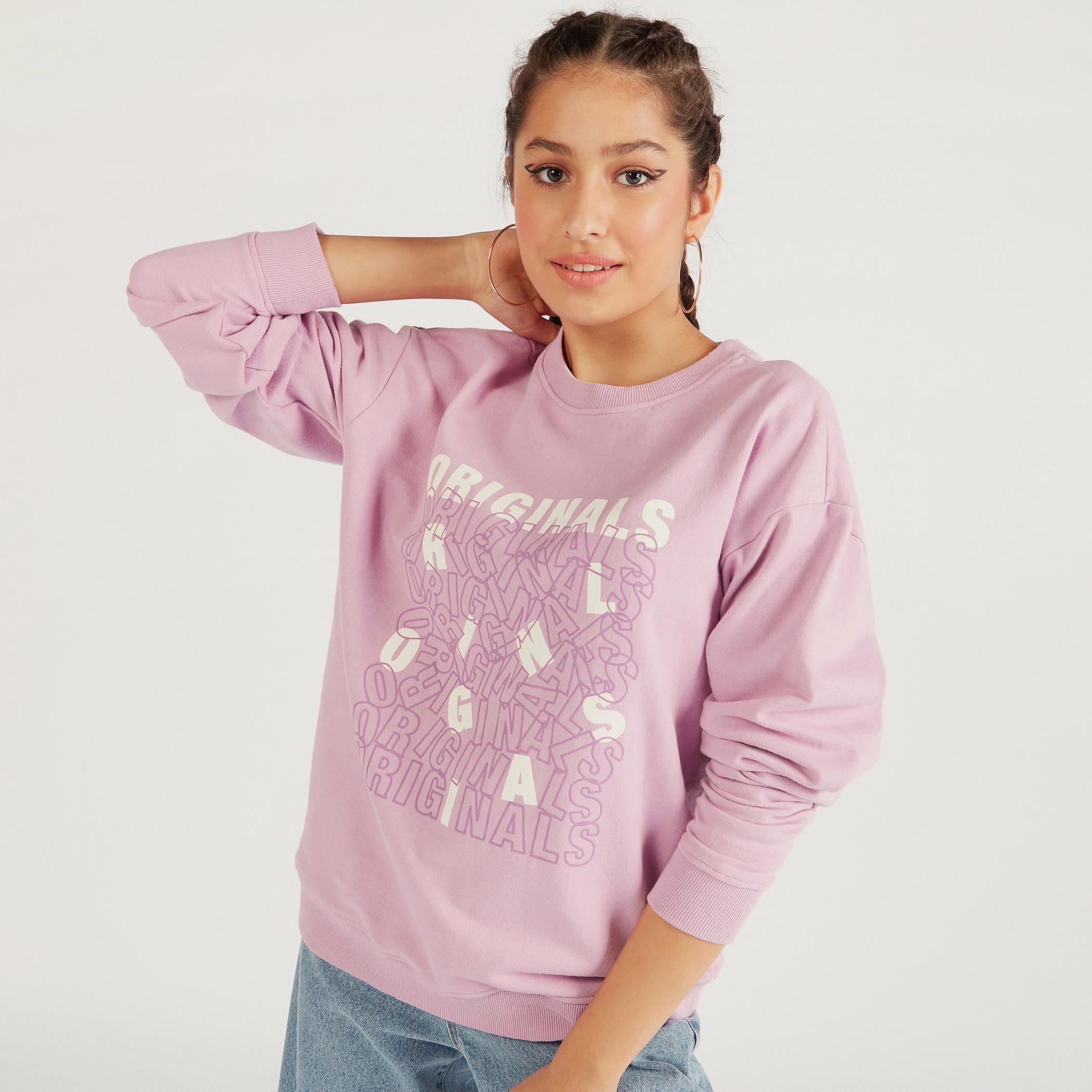 Lee Cooper Printed Crew Neck Sweatshirt with Long Sleeves-women-winterwear-hoodiesandsweatshirts-sweatshirts-image-5