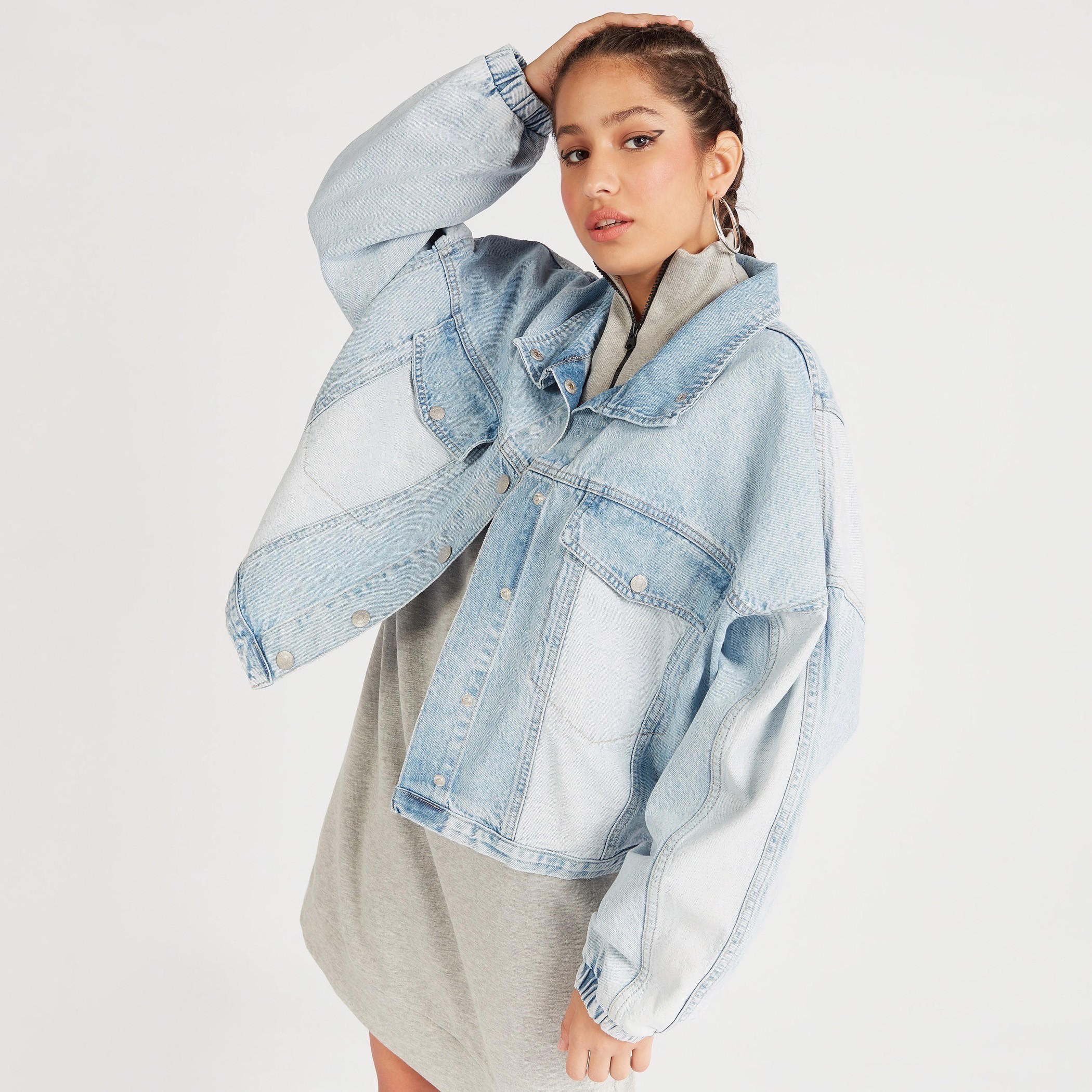 جاكيت دنيم مقاس واسع سادة بأكمام طويلة من لي كوبر-women-winterwear-coatsandjackets-jackets-image-6