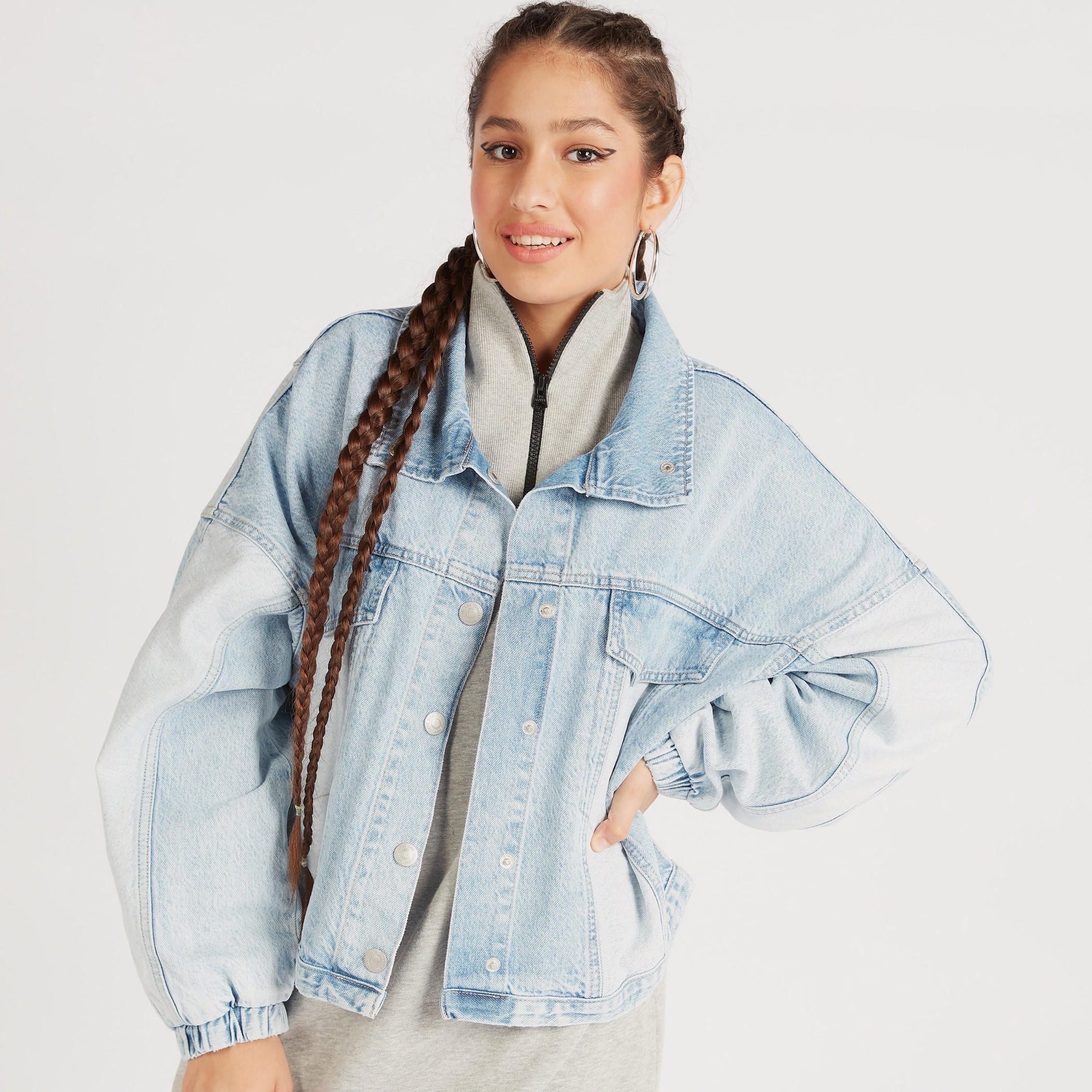 جاكيت دنيم مقاس واسع سادة بأكمام طويلة من لي كوبر-women-winterwear-coatsandjackets-jackets-image-2