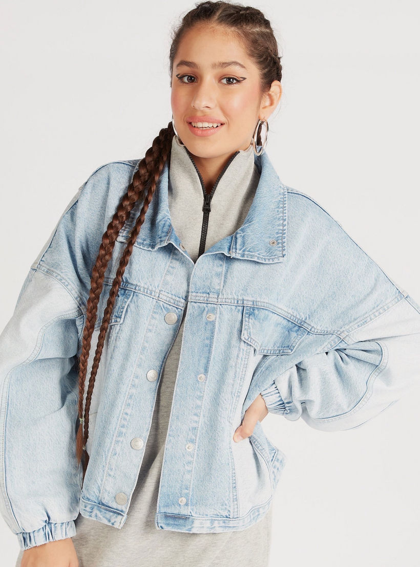 جاكيت دنيم مقاس واسع سادة بأكمام طويلة من لي كوبر-women-winterwear-coatsandjackets-jackets-image-2