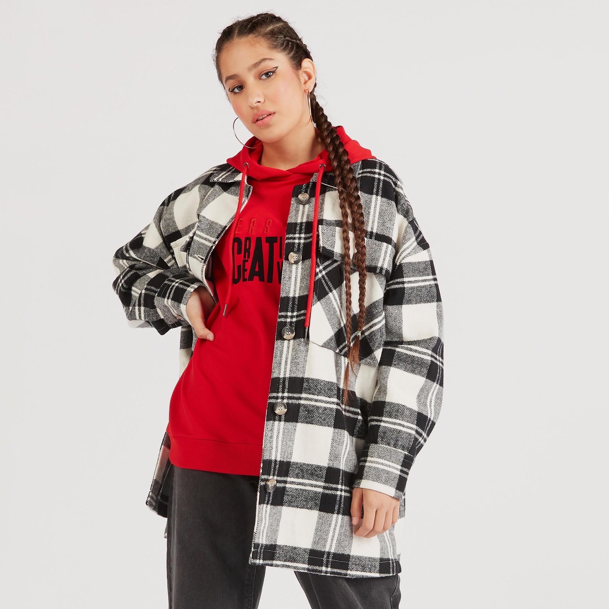 Lee Cooper Checked Longline Shacket with Pockets-women-winterwear-coatsandjackets-jackets-image-1