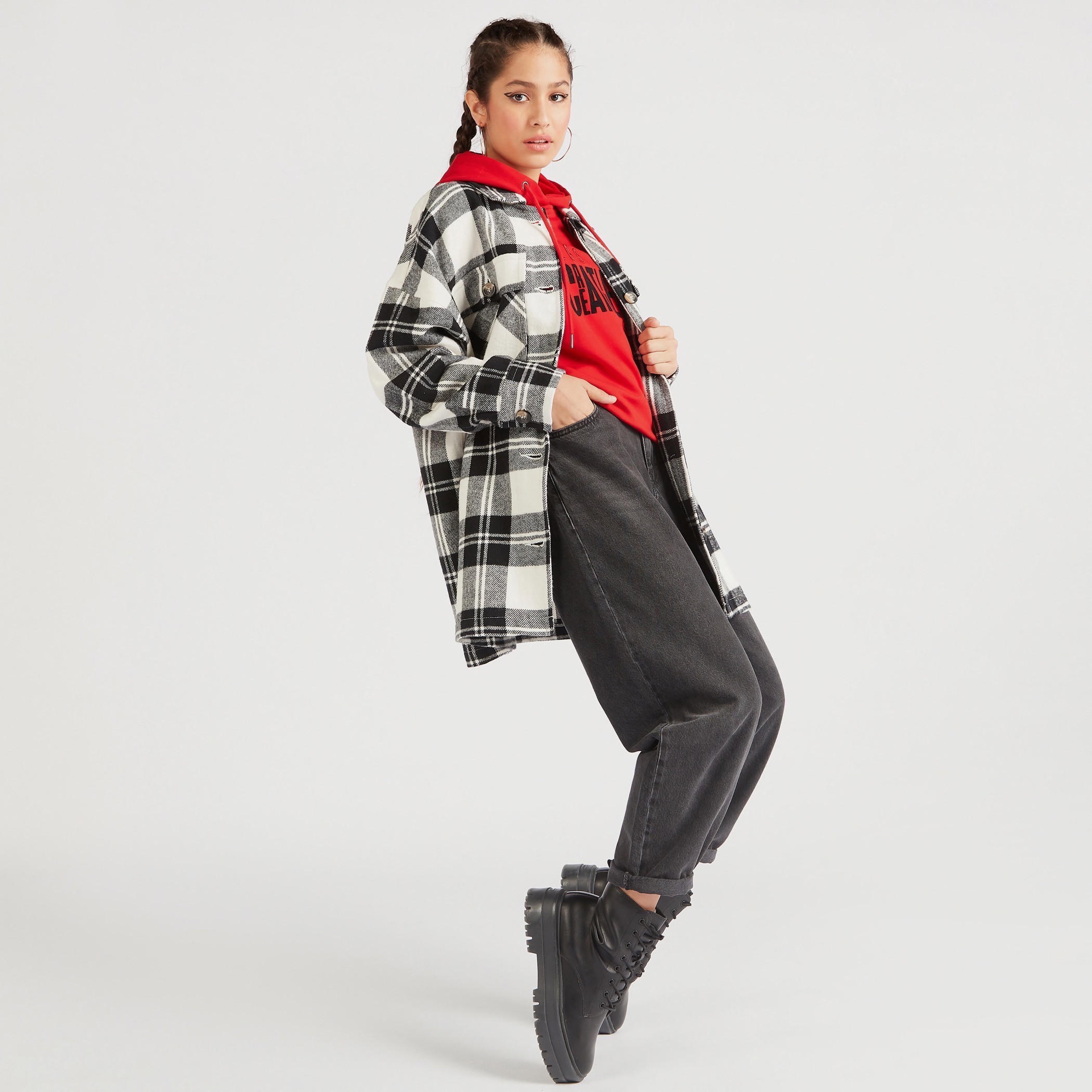 Lee Cooper Checked Longline Shacket with Pockets-women-winterwear-coatsandjackets-jackets-image-2
