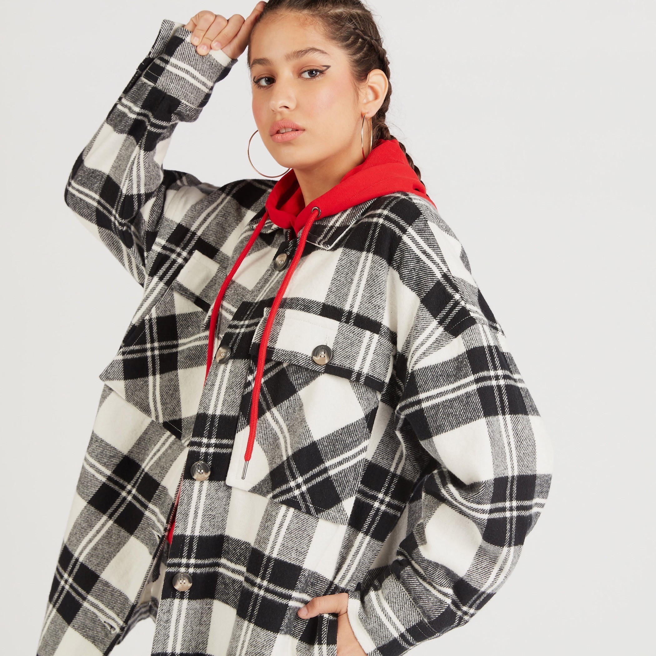 Lee Cooper Checked Longline Shacket with Pockets-women-winterwear-coatsandjackets-jackets-image-5