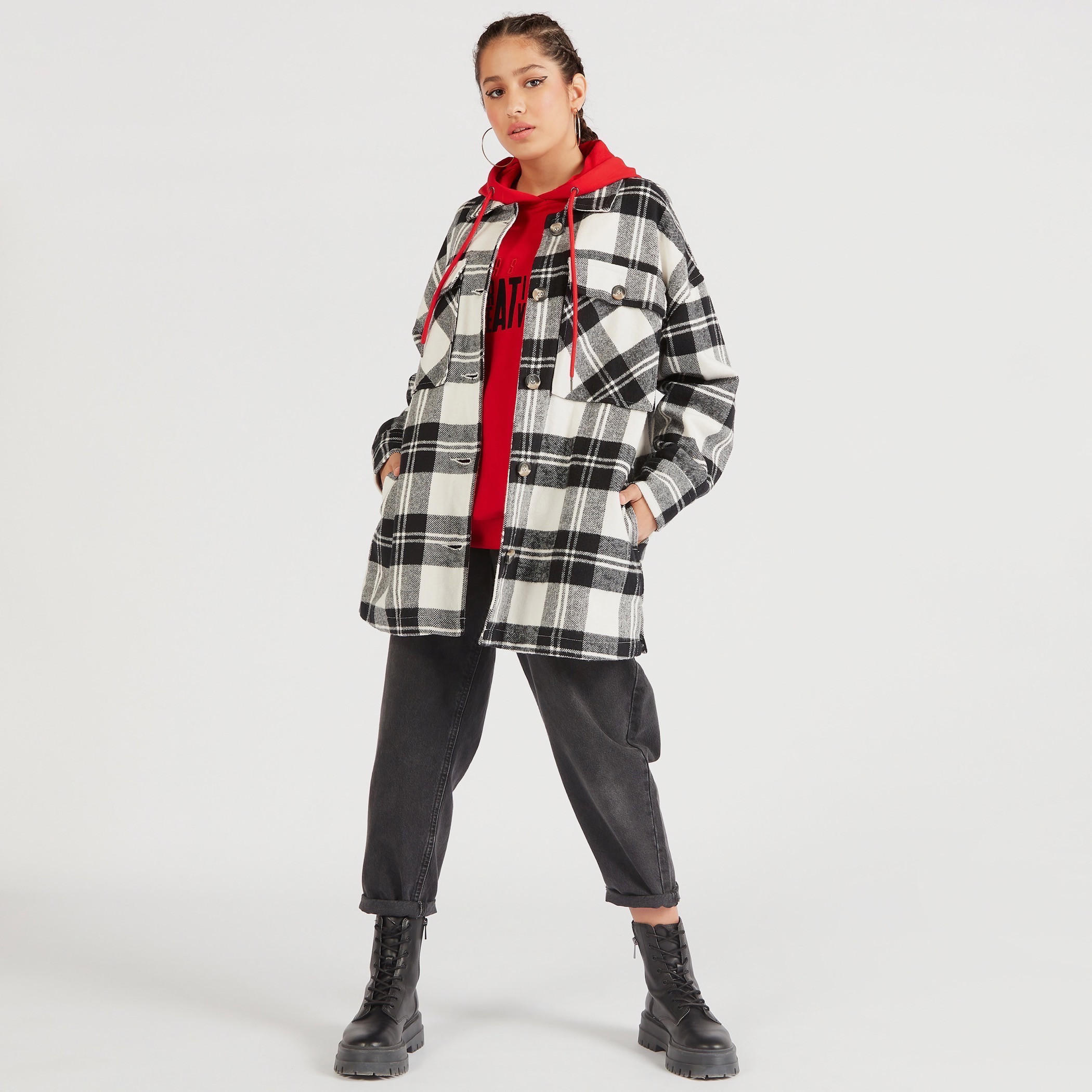 Lee Cooper Checked Longline Shacket with Pockets-women-winterwear-coatsandjackets-jackets-image-7