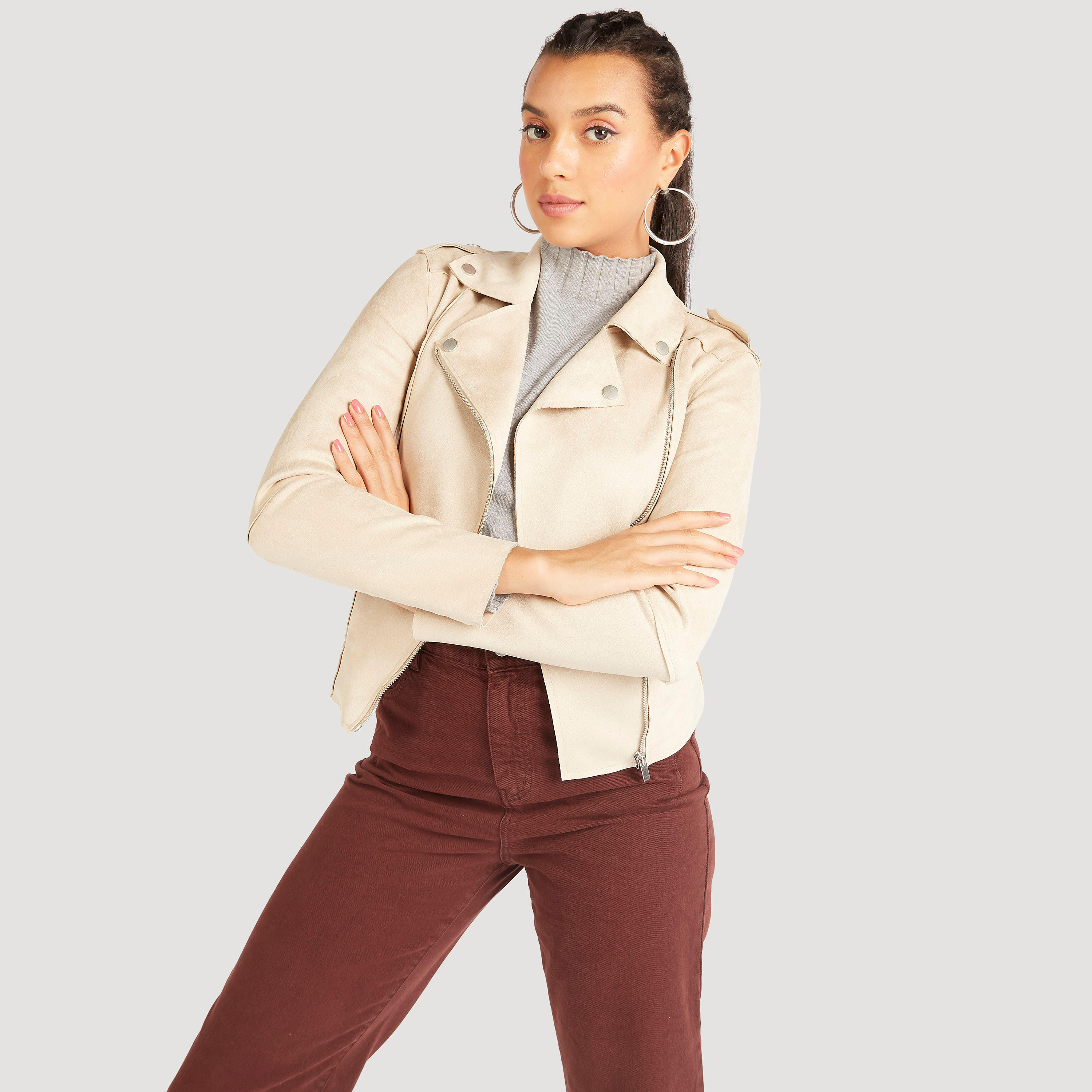 Lee Cooper Textured Biker Jacket with Long Sleeves and Pockets-women-winterwear-coatsandjackets-jackets-image-1