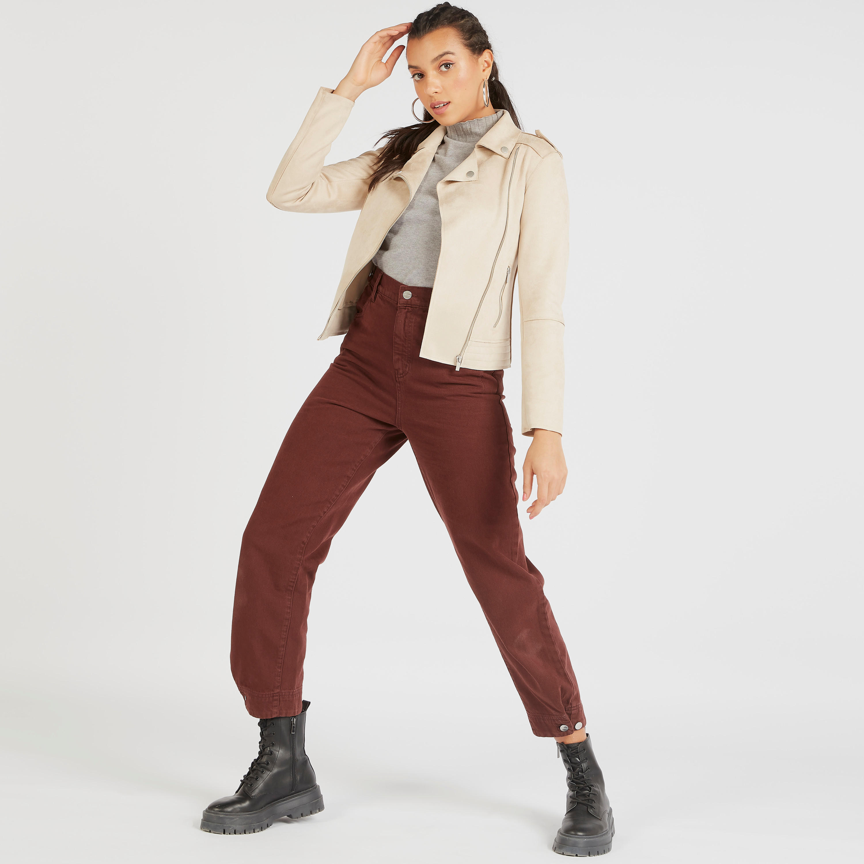 Lee Cooper Textured Biker Jacket with Long Sleeves and Pockets-women-winterwear-coatsandjackets-jackets-image-2