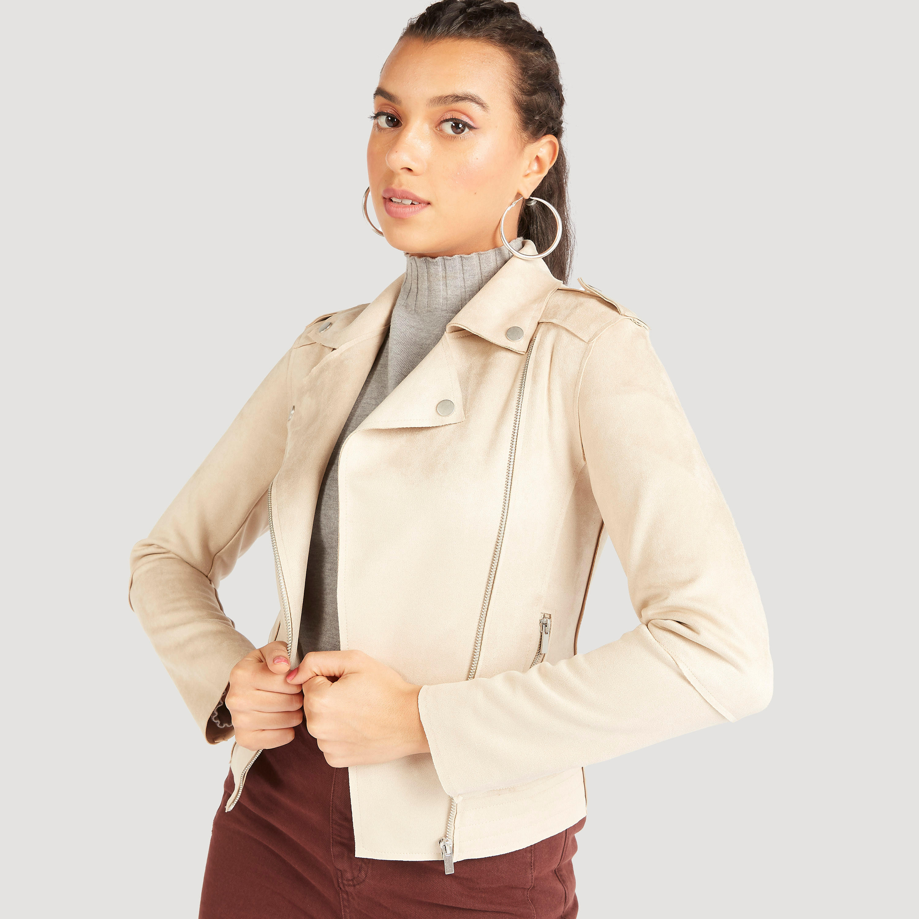 Lee Cooper Textured Biker Jacket with Long Sleeves and Pockets-women-winterwear-coatsandjackets-jackets-image-5