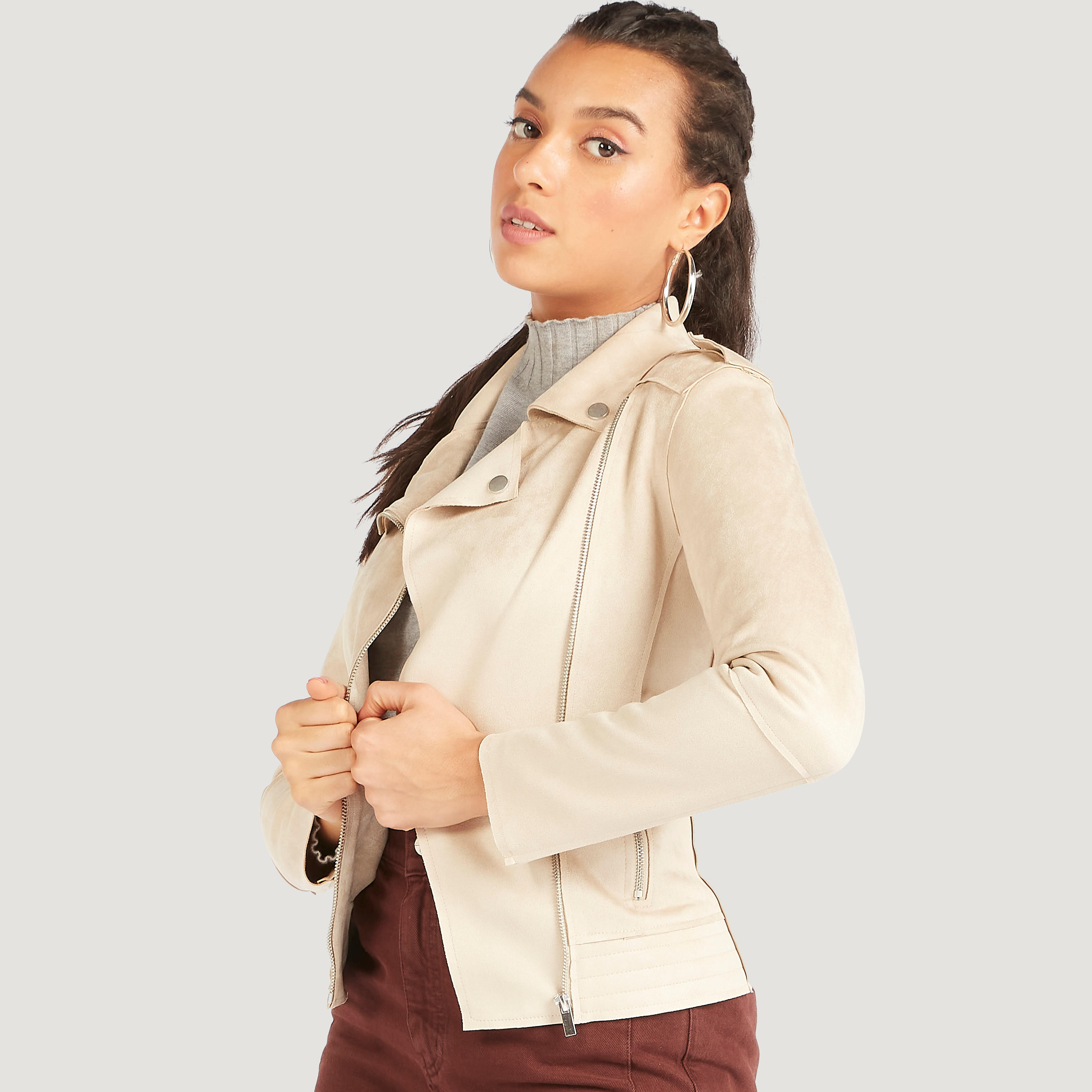 Lee Cooper Textured Biker Jacket with Long Sleeves and Pockets-women-winterwear-coatsandjackets-jackets-image-7