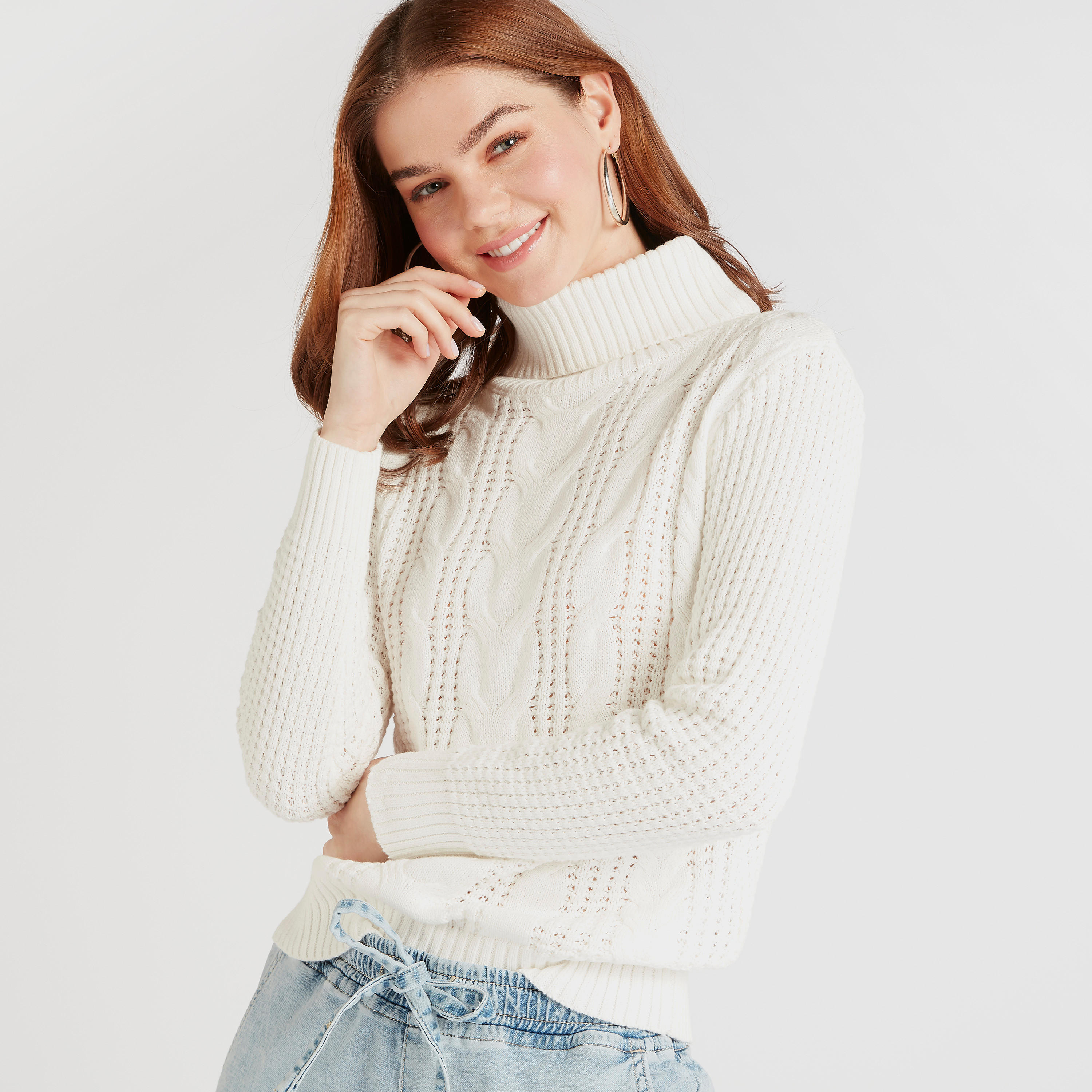 سويت شيرت بارز الملمس بياقة عالية وأكمام طويلة من لي كوبر-women-winterwear-hoodiesandsweatshirts-sweatshirts-image-1