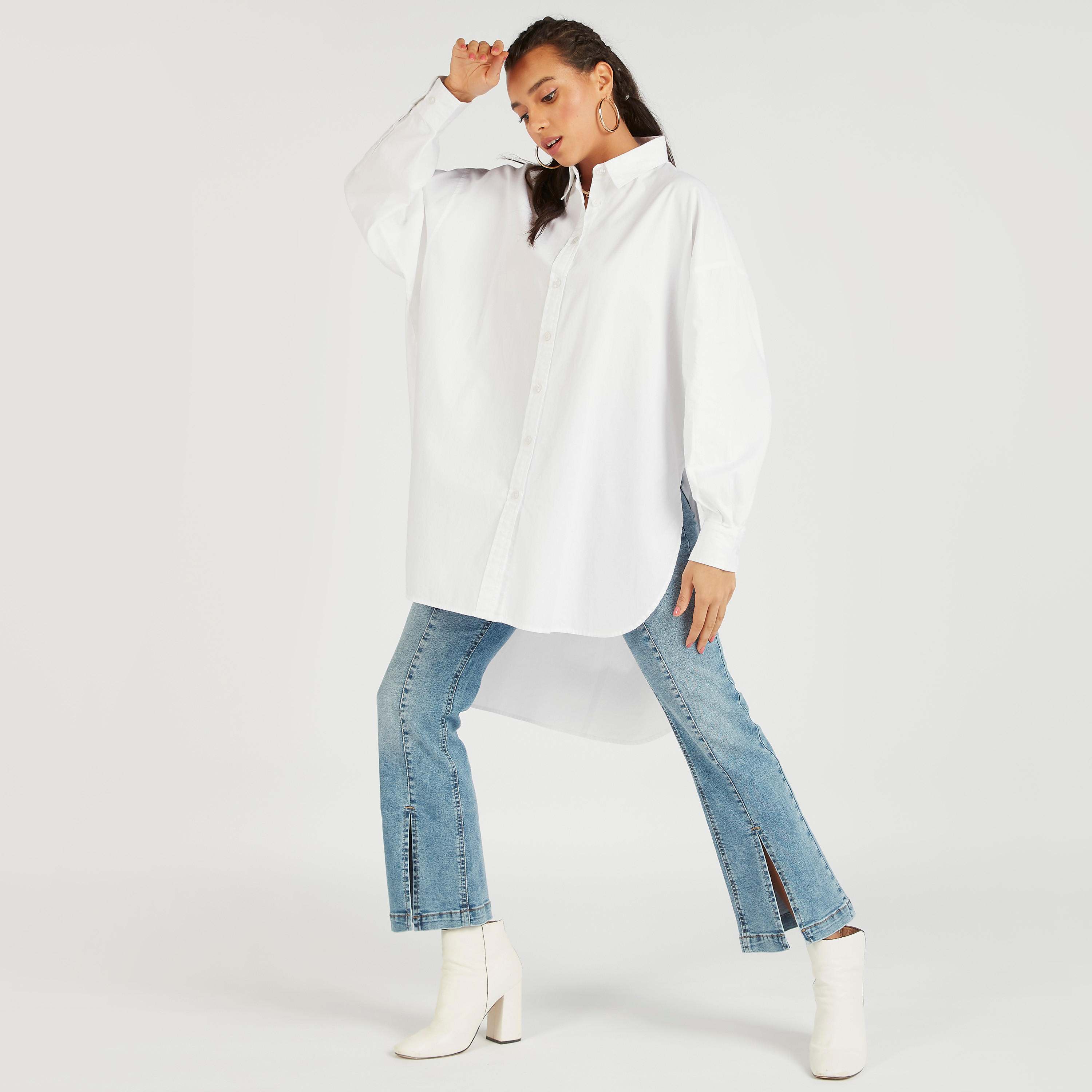 Lee Cooper Solid Shirt with High-Low Hem and Long Sleeves-women-clothing-shirtsandblouses-shirts-image-1