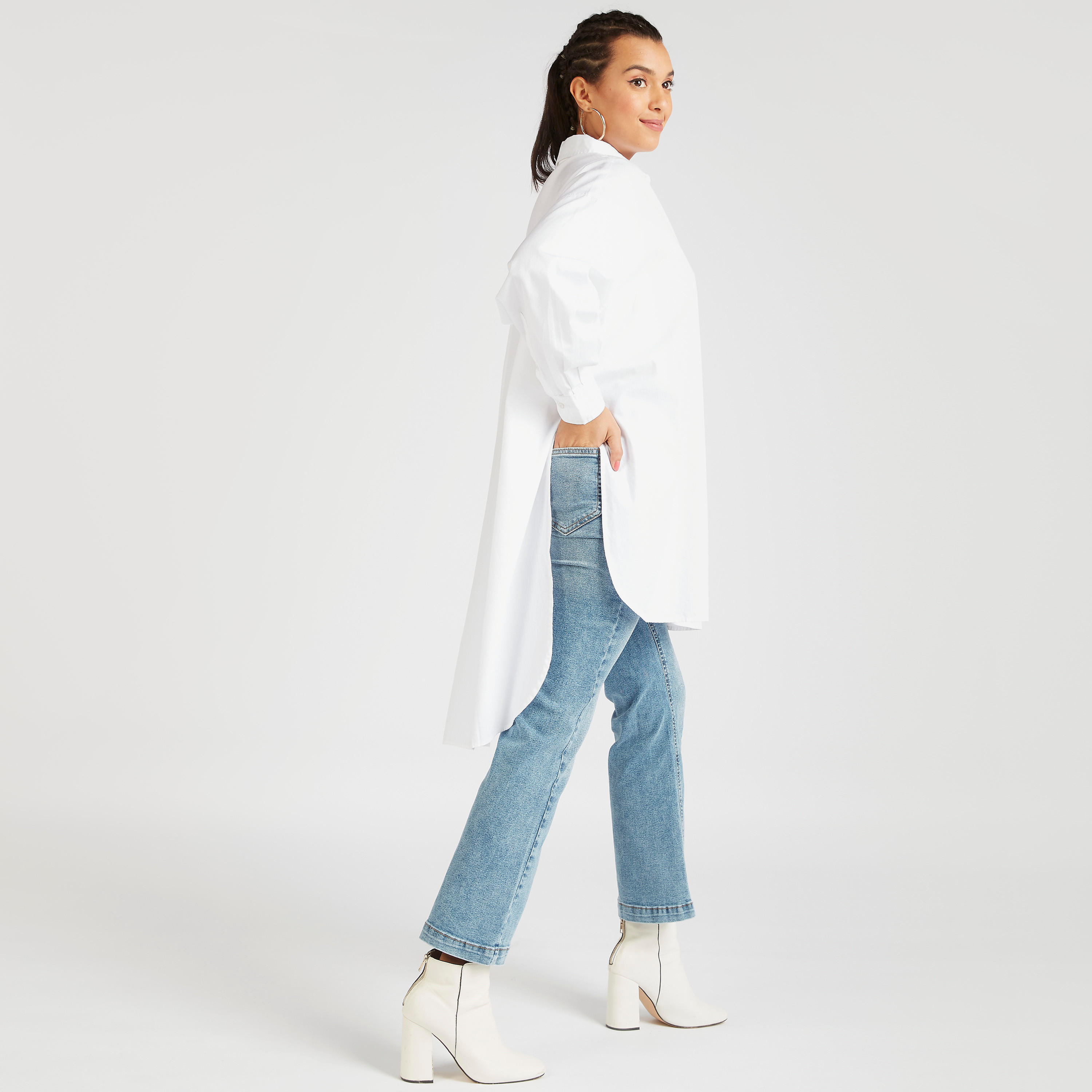 Lee Cooper Solid Shirt with High-Low Hem and Long Sleeves-women-clothing-shirtsandblouses-shirts-image-2
