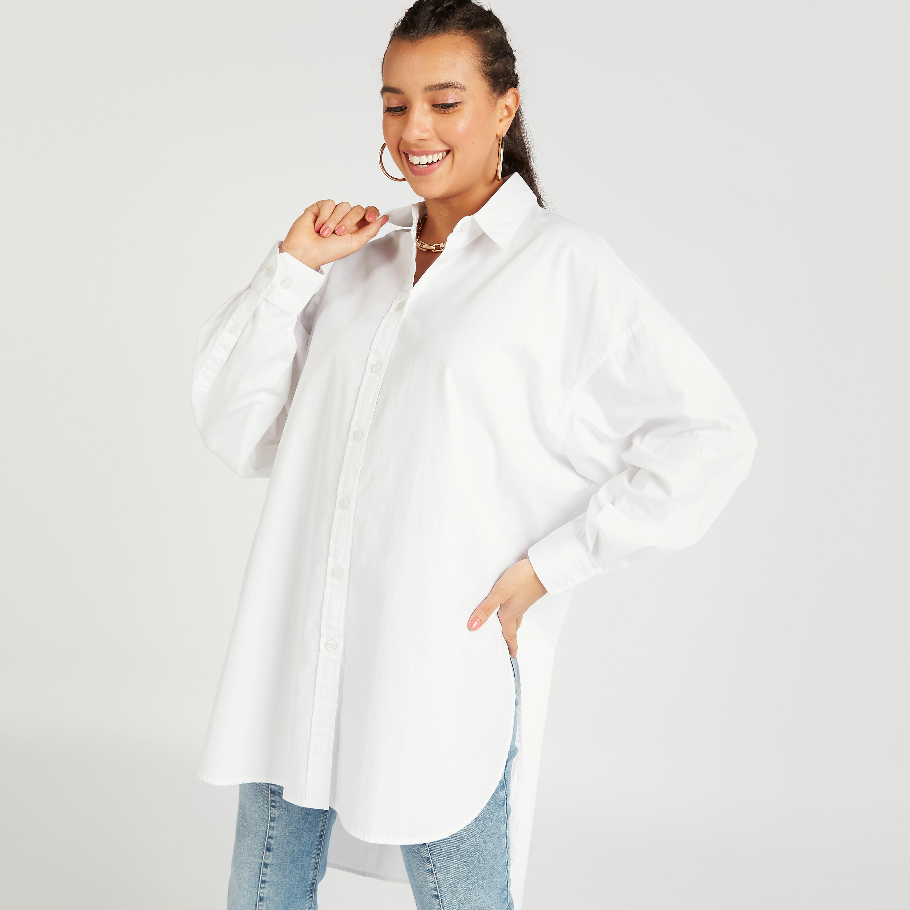 Lee Cooper Solid Shirt with High-Low Hem and Long Sleeves-women-clothing-shirtsandblouses-shirts-image-3