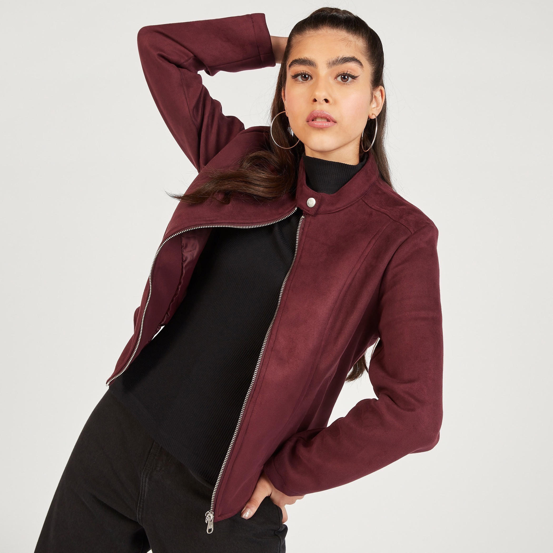 Lee Cooper Solid Biker Jacket with Zip Closure and Pockets-women-winterwear-coatsandjackets-jackets-image-1