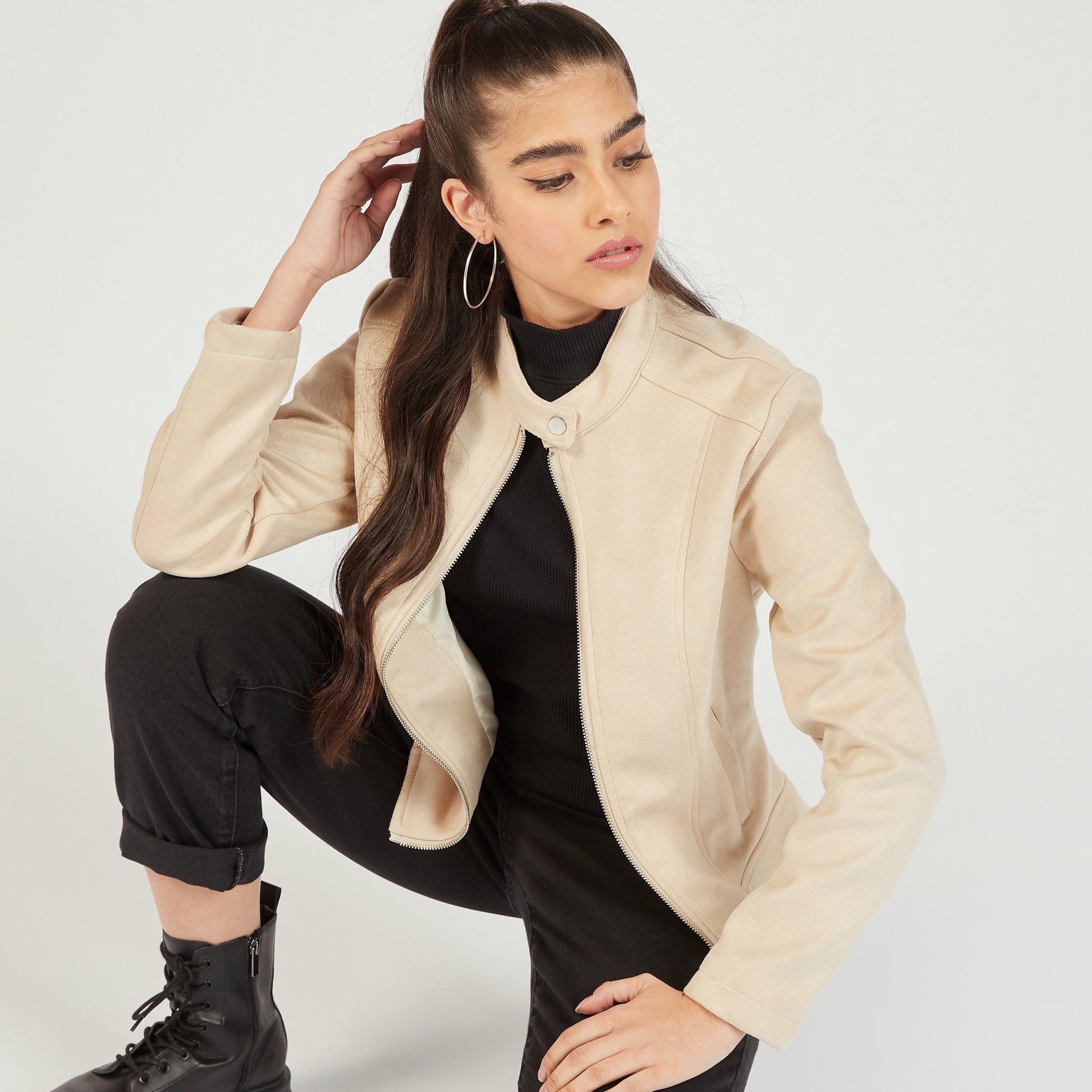 جاكيت بايكر بسحّاب إغلاق وقبّعة وجيوب من لي كوبر-women-winterwear-coatsandjackets-jackets-image-4