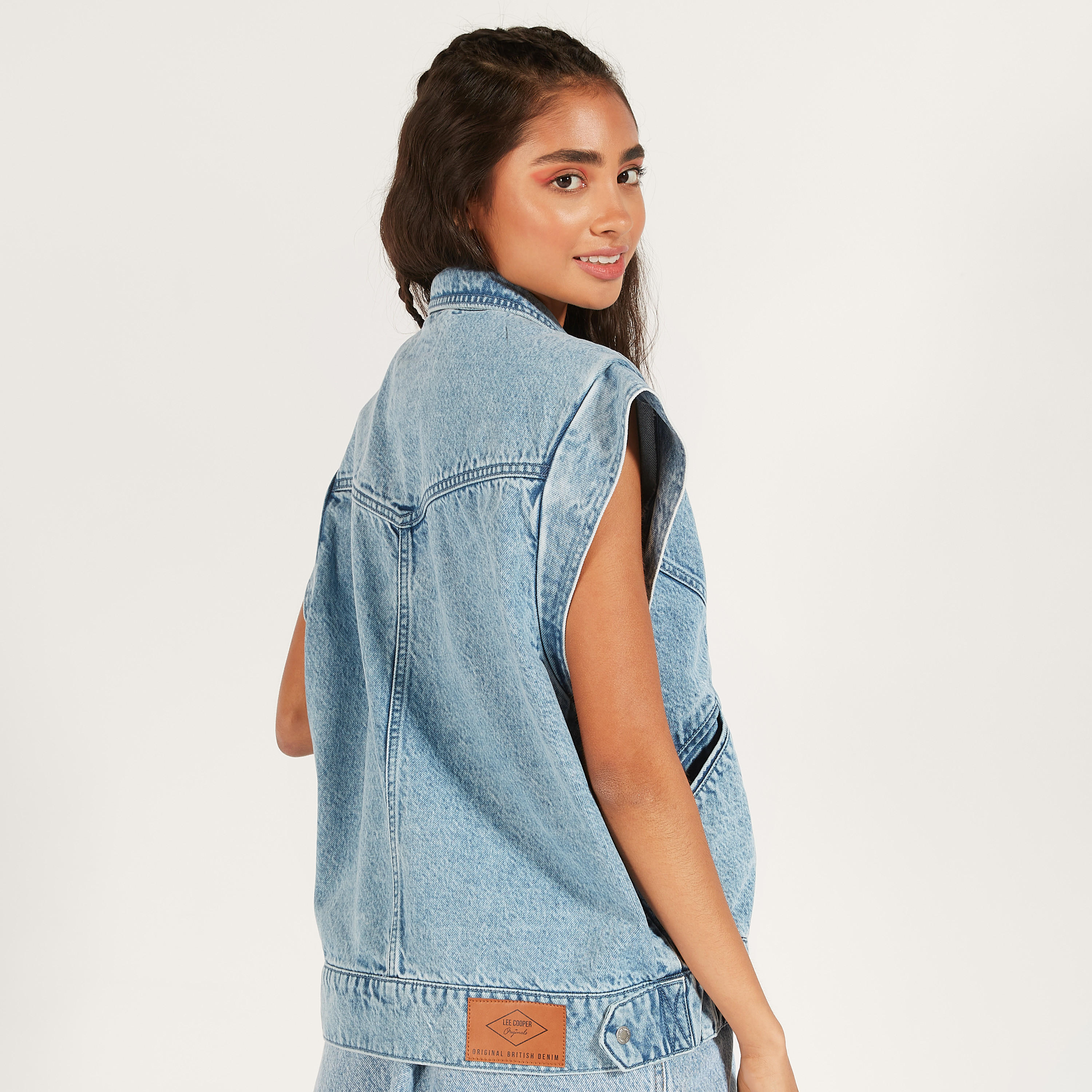 Lee Cooper Sleeveless Denim Jacket with Pockets and Button Closure-women-winterwear-coatsandjackets-jackets-image-10