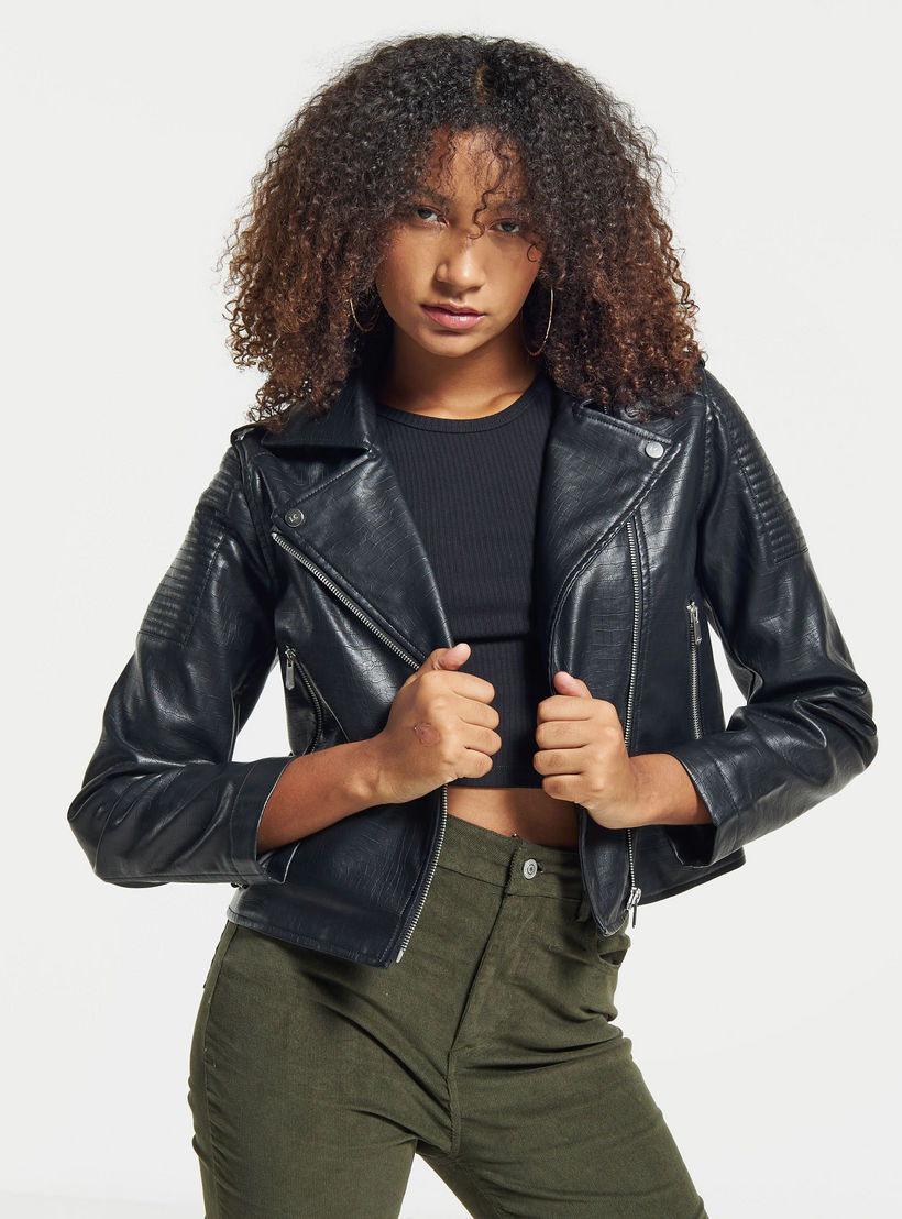 Lee Cooper Solid Biker Jacket with Pockets and Zip Closure-women-winterwear-coatsandjackets-jackets-image-1