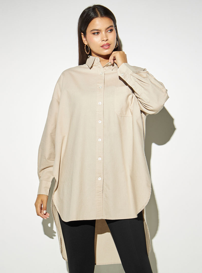 قميص أكسفورد قطن طويل بحواف غير مستوية وجيب من لي كوبر-women-clothing-shirtsandblouses-shirts-image-1