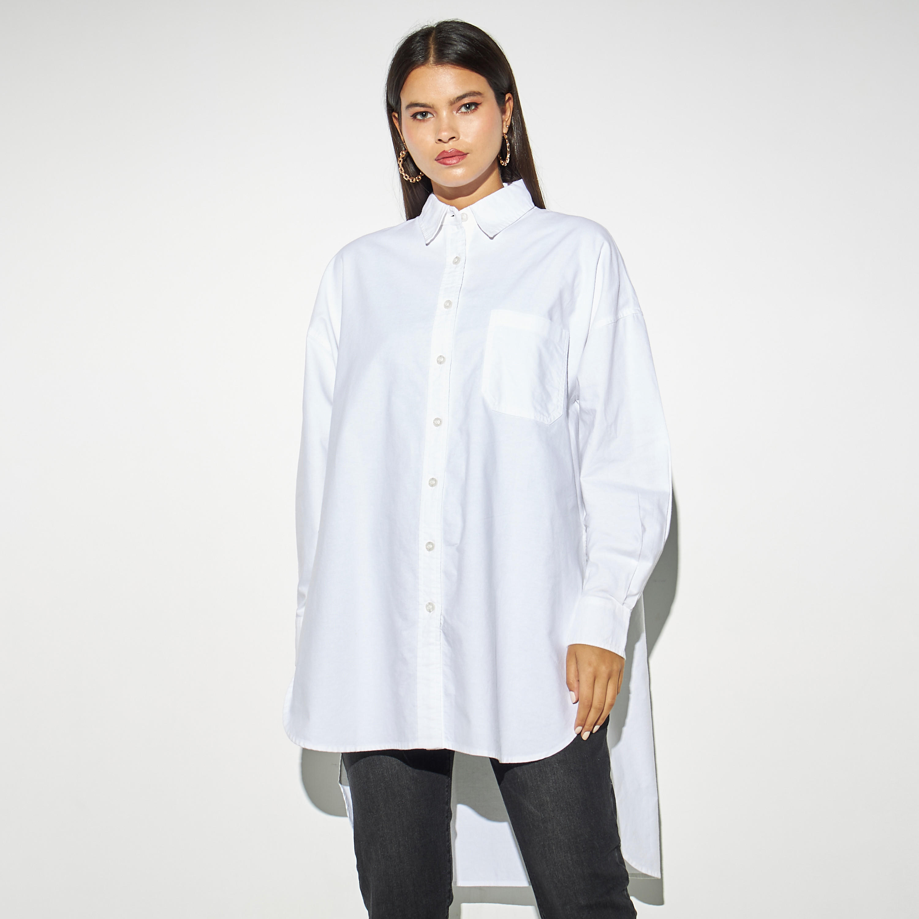 Lee Cooper Longline High Low Oxford Cotton Shirt with Pocket-women-clothing-shirtsandblouses-shirts-image-1