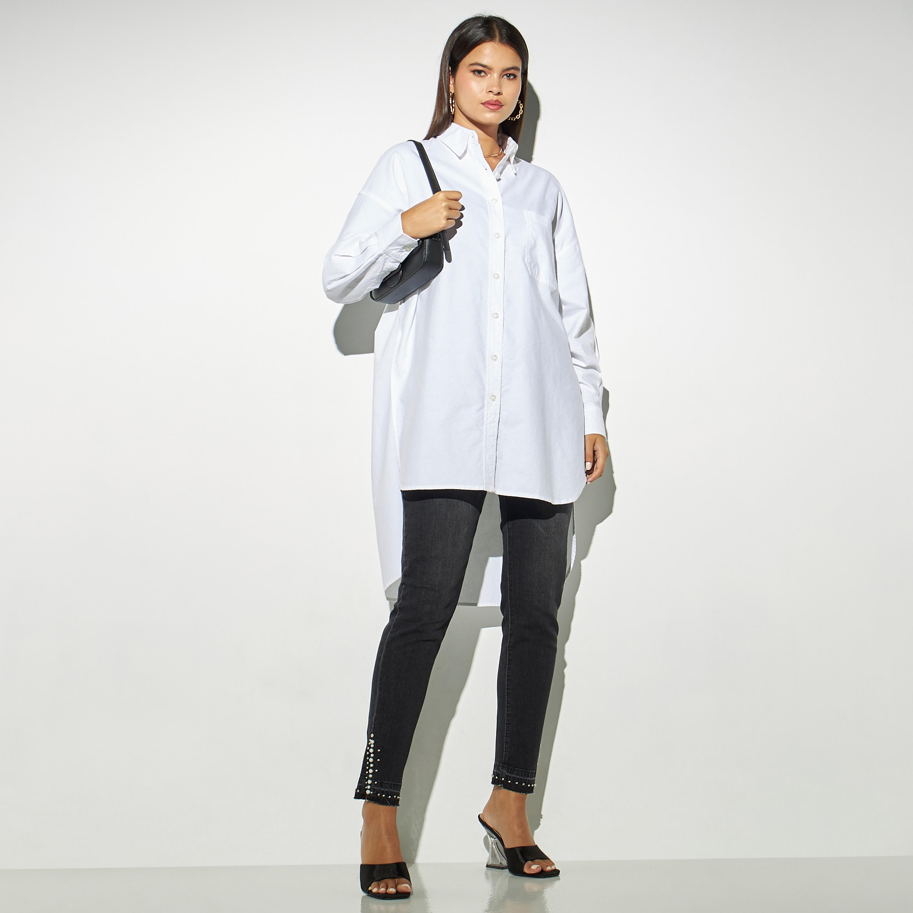 Lee Cooper Longline High Low Oxford Cotton Shirt with Pocket-women-clothing-shirtsandblouses-shirts-image-2