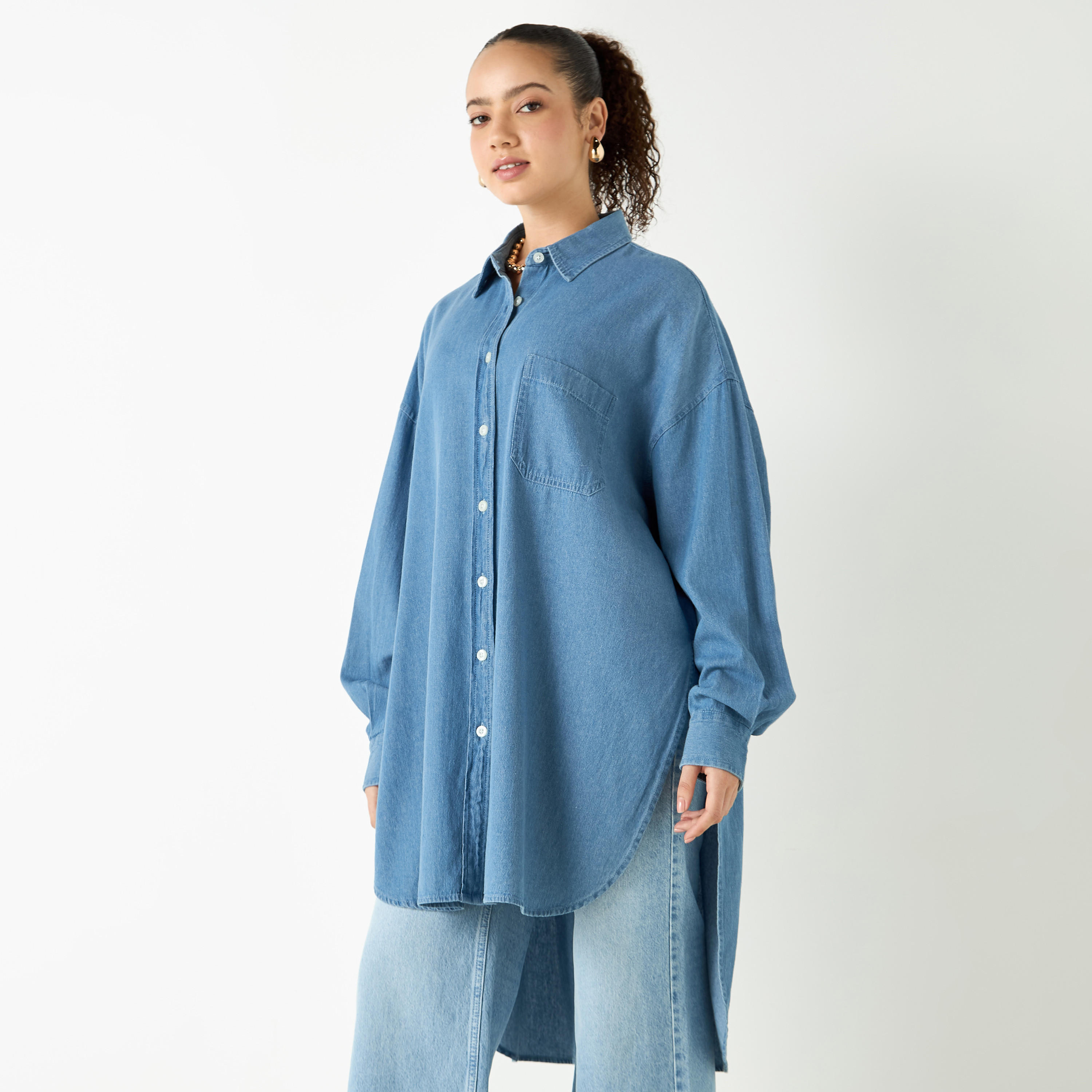 Lee Cooper Longline High Low Oxford Cotton Shirt with Pocket-women-clothing-shirtsandblouses-shirts-image-1