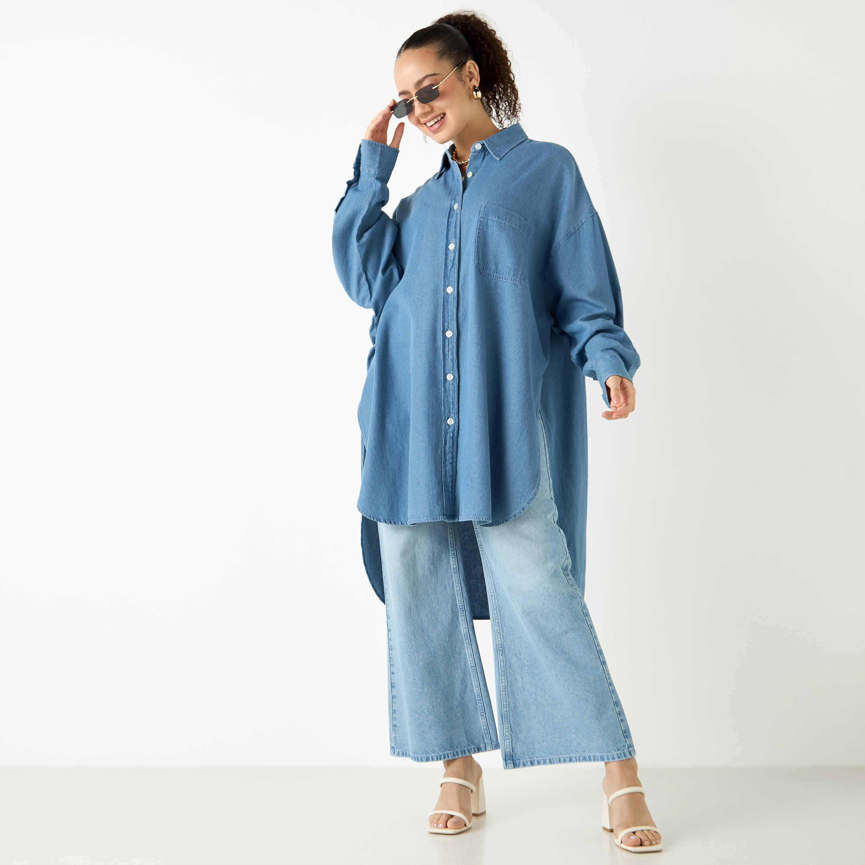 Lee Cooper Longline High Low Oxford Cotton Shirt with Pocket-women-clothing-shirtsandblouses-shirts-image-2