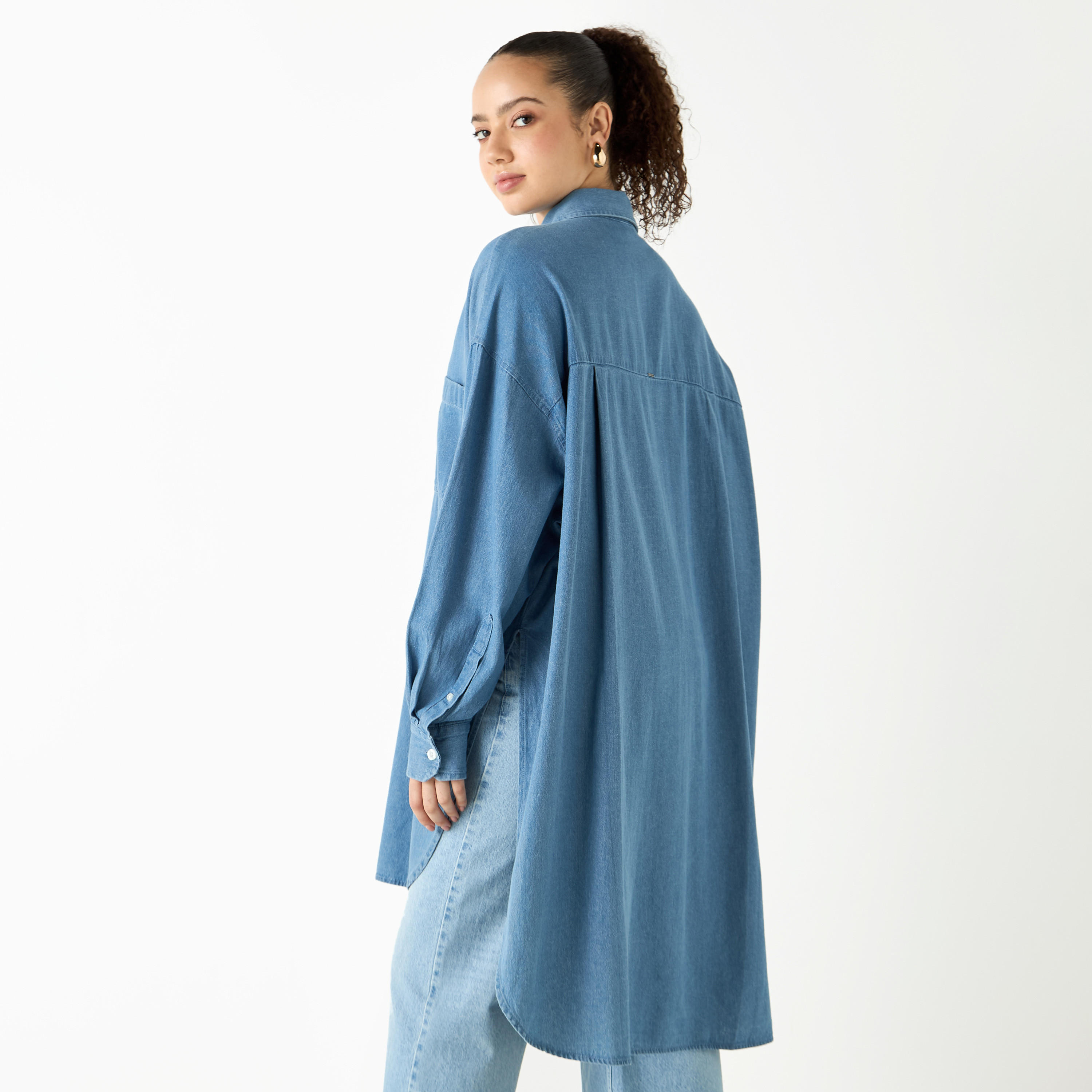 Lee Cooper Longline High Low Oxford Cotton Shirt with Pocket-women-clothing-shirtsandblouses-shirts-image-3
