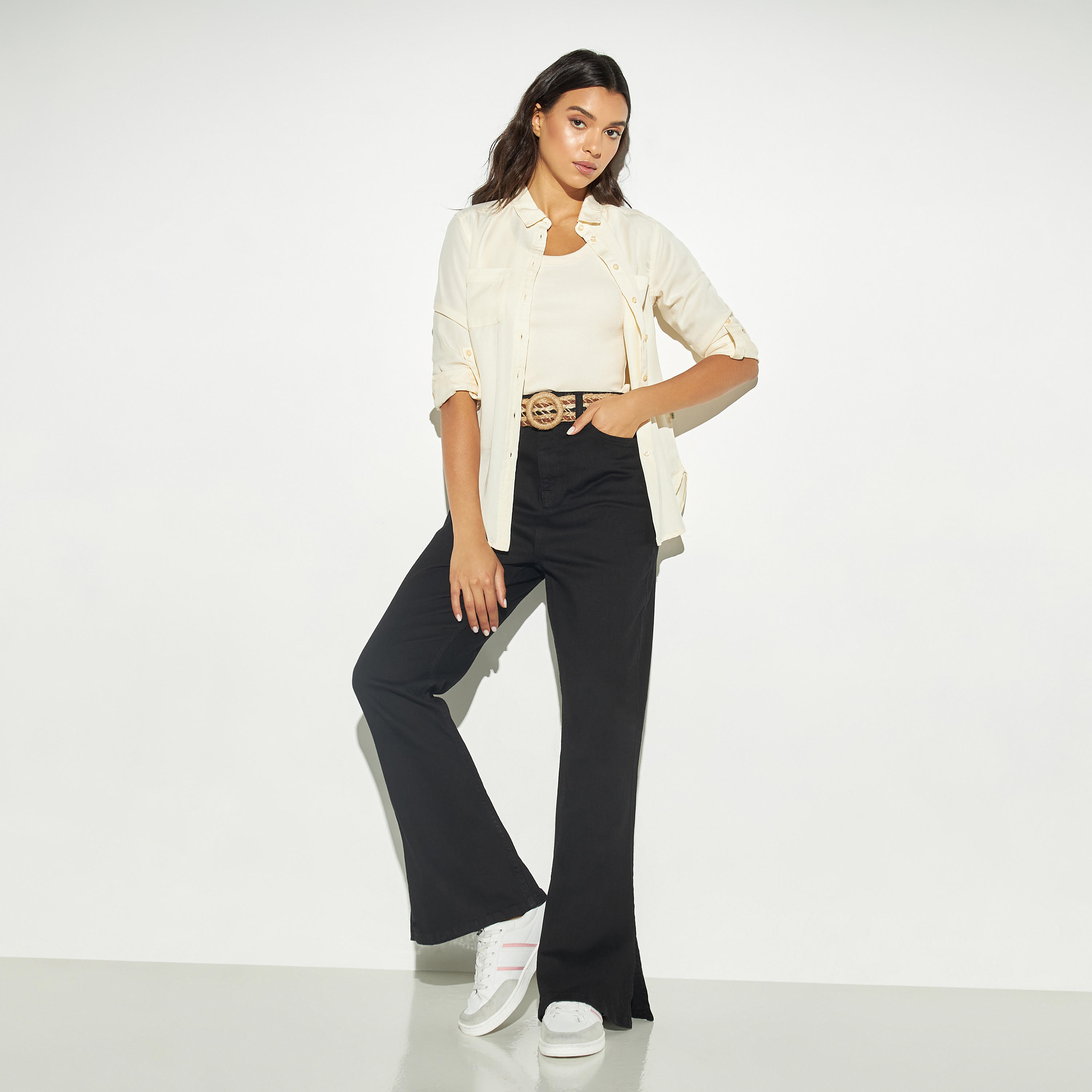 Lee Cooper Solid Flare Leg Jeans with Slits and Pockets-women-clothing-bottoms-jeans-image-2
