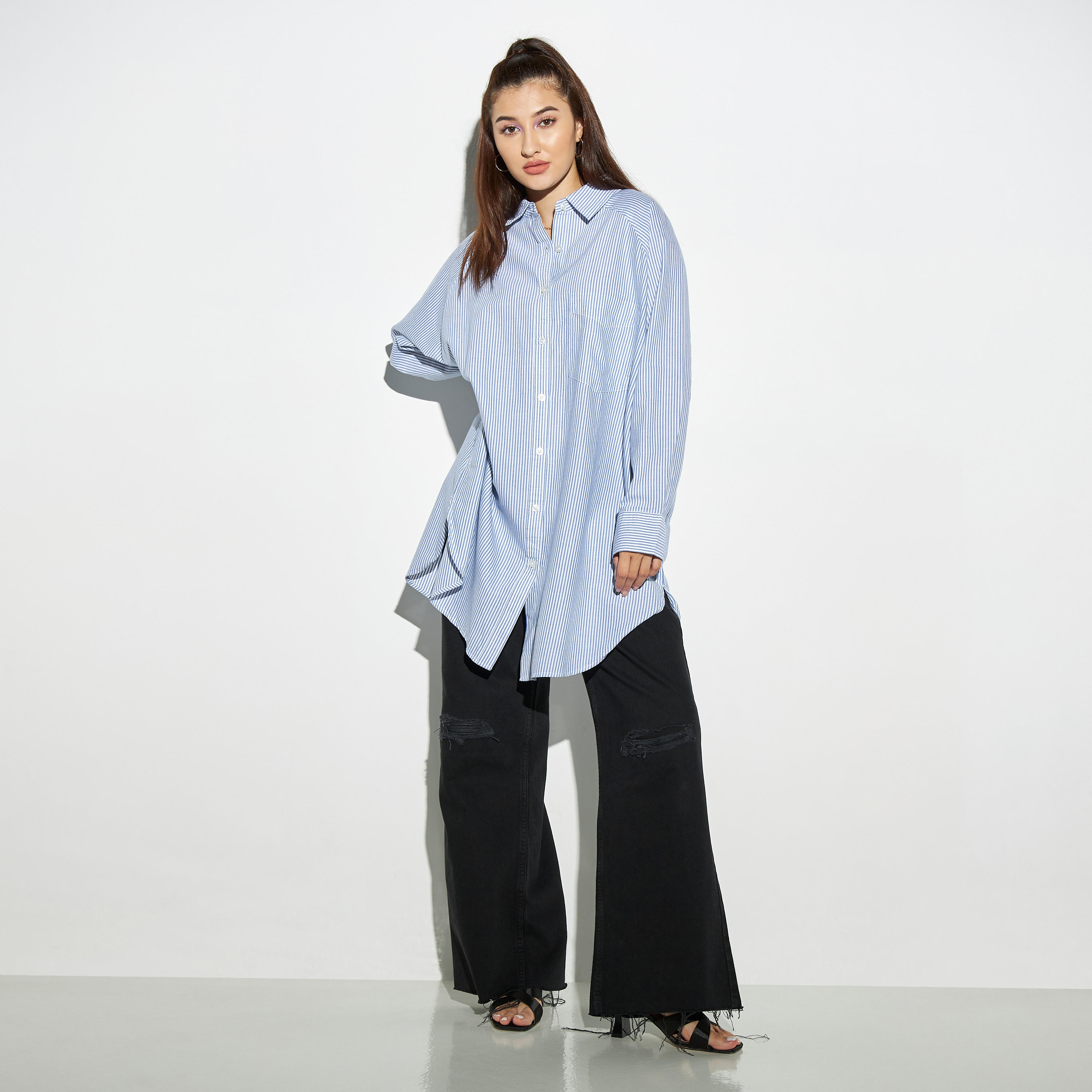 قميص طويل مخطط بجيب من لي كوبر-women-clothing-shirtsandblouses-shirts-image-3