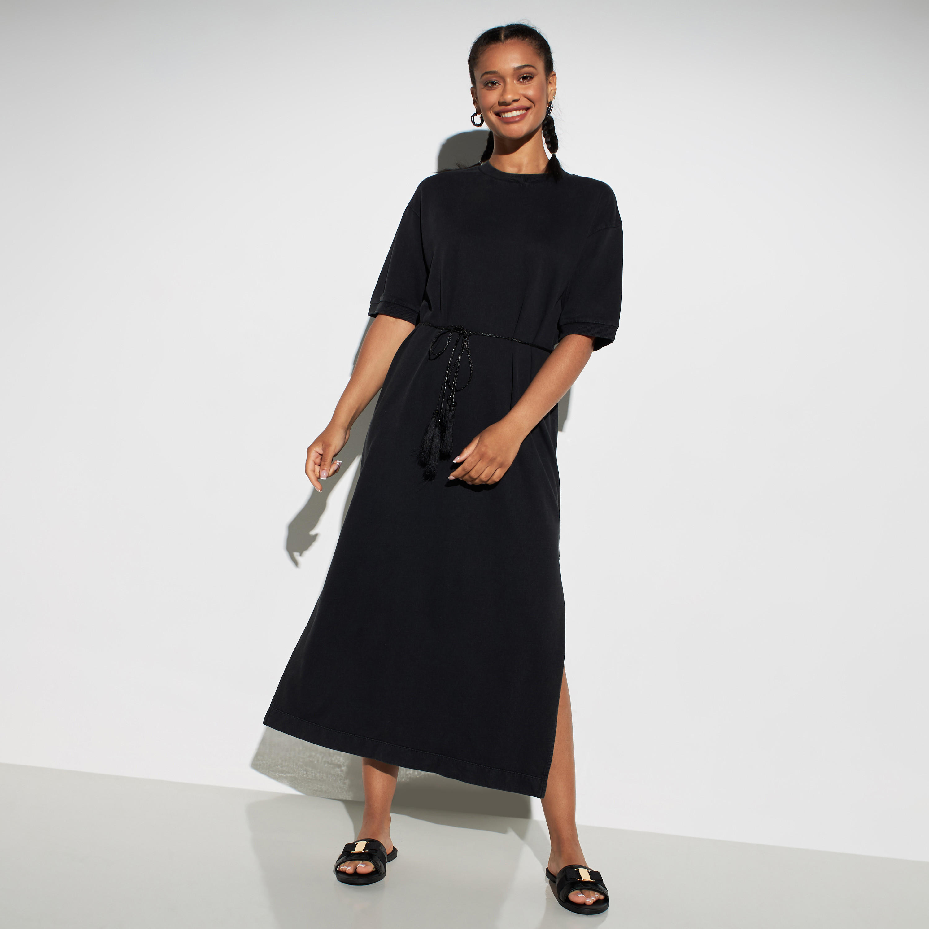 Lee Cooper Solid Midi Dress with Slit and Tie-Up String Belt-women-clothing-dresses-image-1