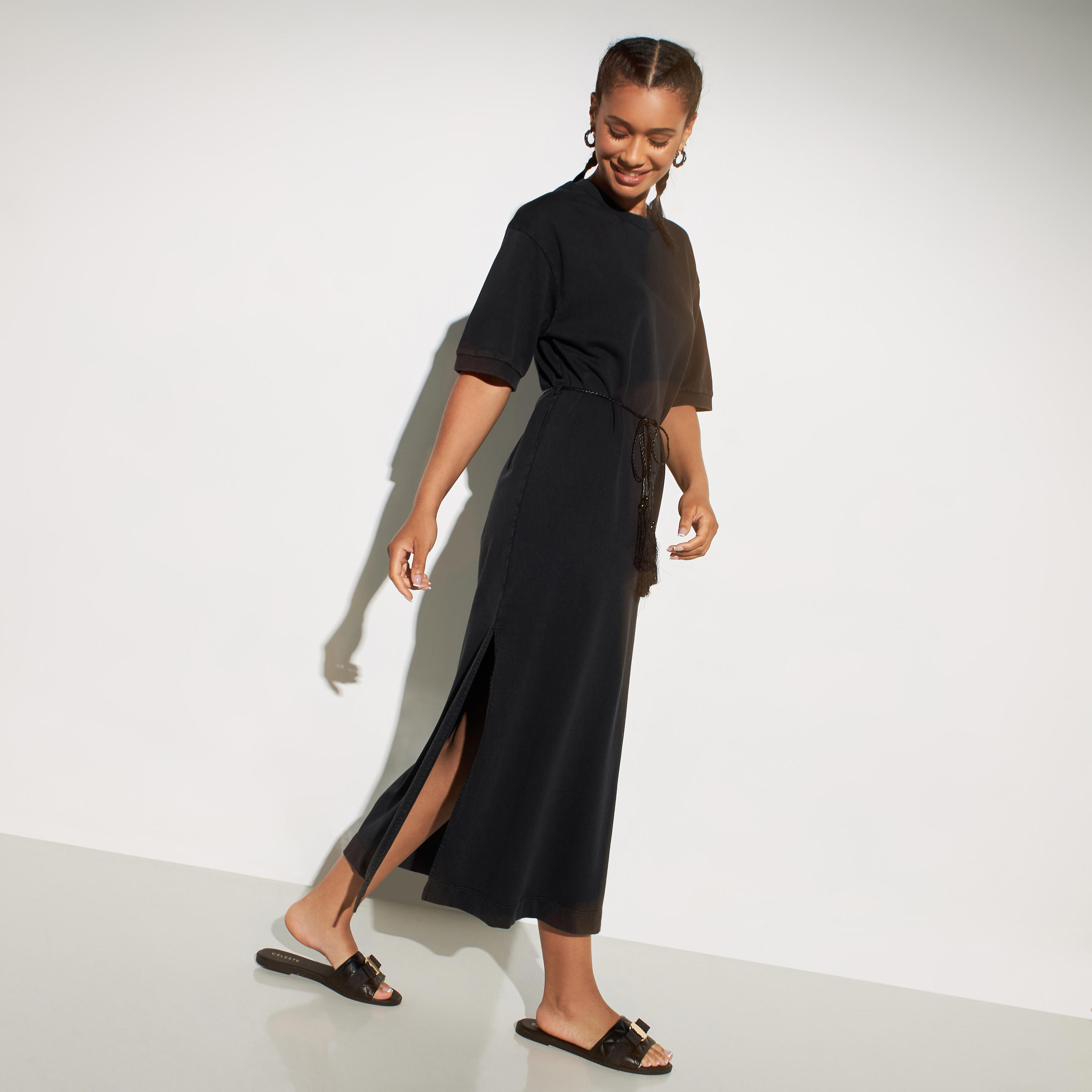 Lee Cooper Solid Midi Dress with Slit and Tie-Up String Belt-women-clothing-dresses-image-2
