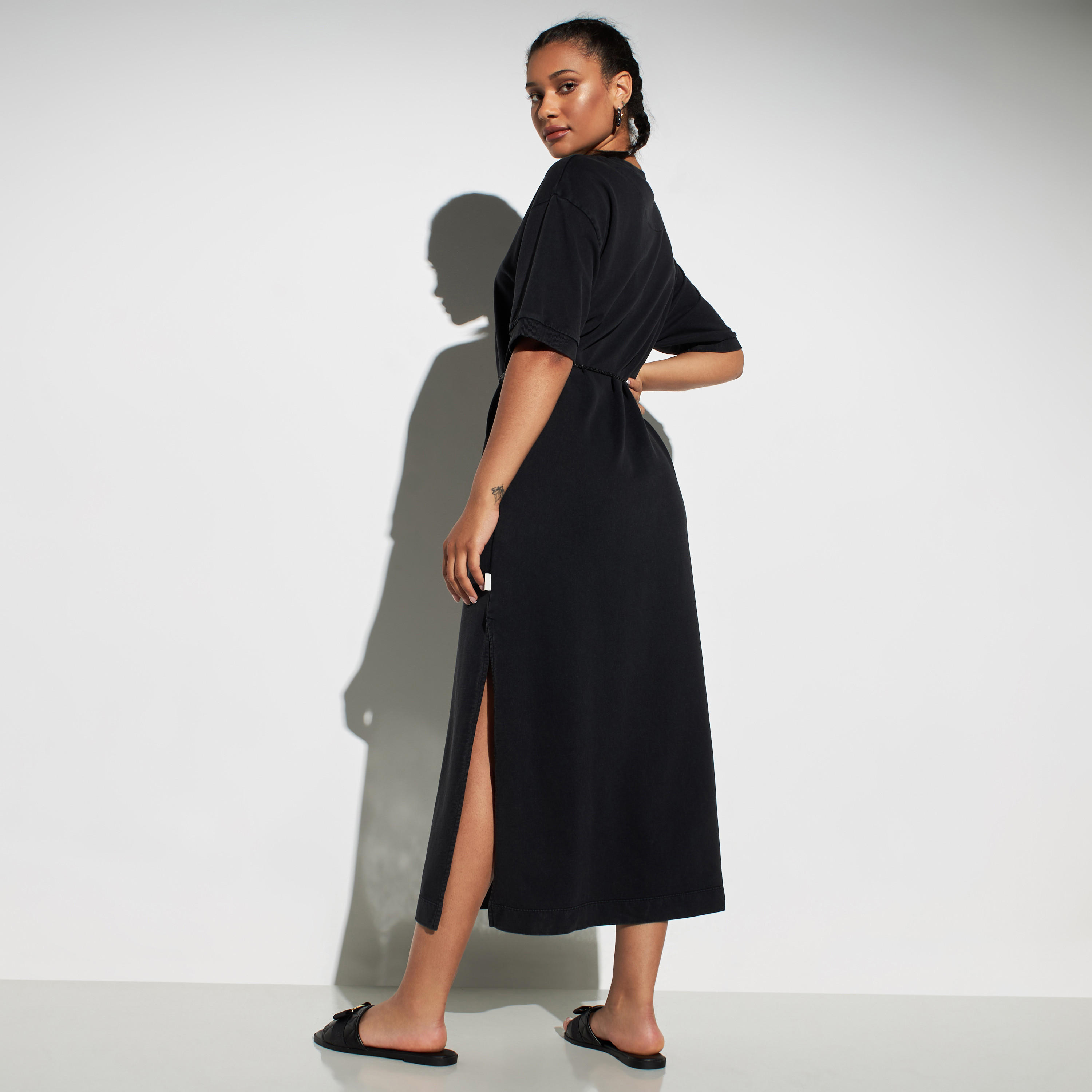Lee Cooper Solid Midi Dress with Slit and Tie-Up String Belt-women-clothing-dresses-image-3