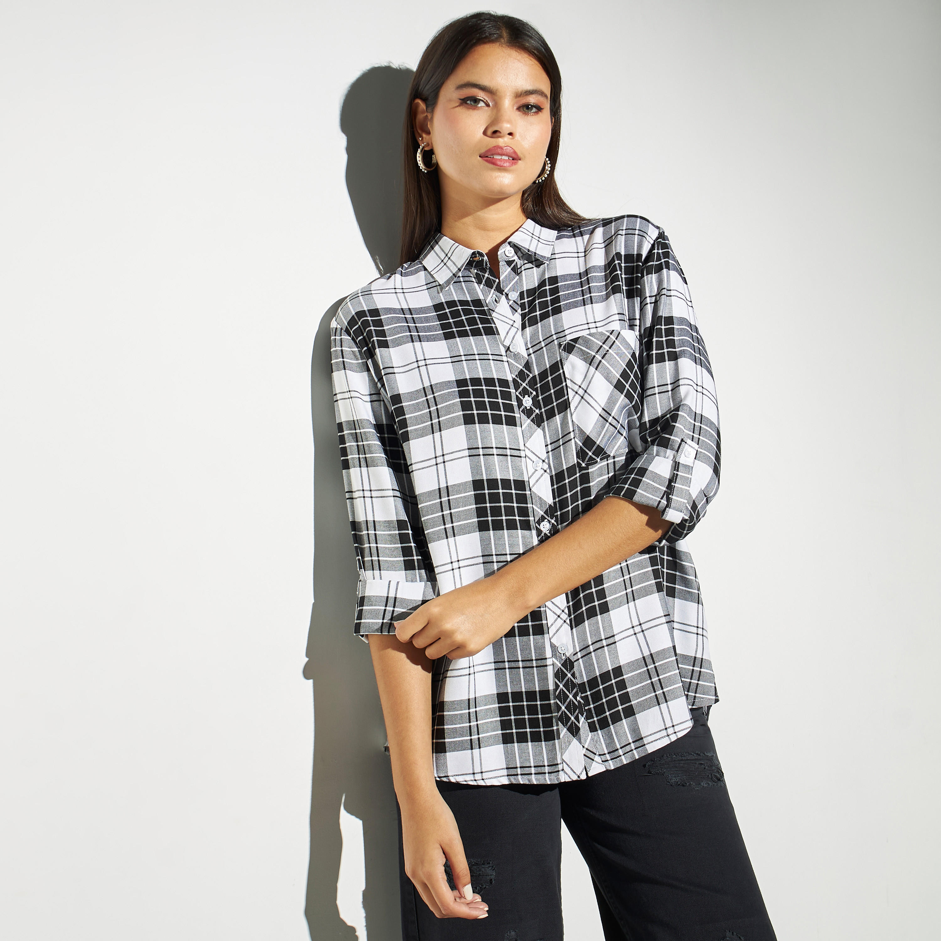 Lee Cooper Checked Shirt with Roll-Up Sleeves and Pocket-women-clothing-shirtsandblouses-shirts-image-1