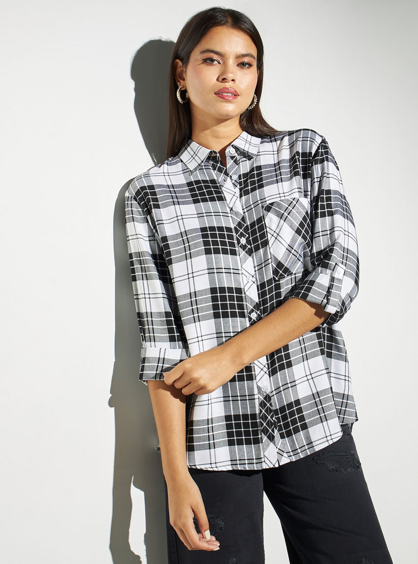 Lee Cooper Checked Shirt with Roll-Up Sleeves and Pocket-women-clothing-shirtsandblouses-shirts-image-1