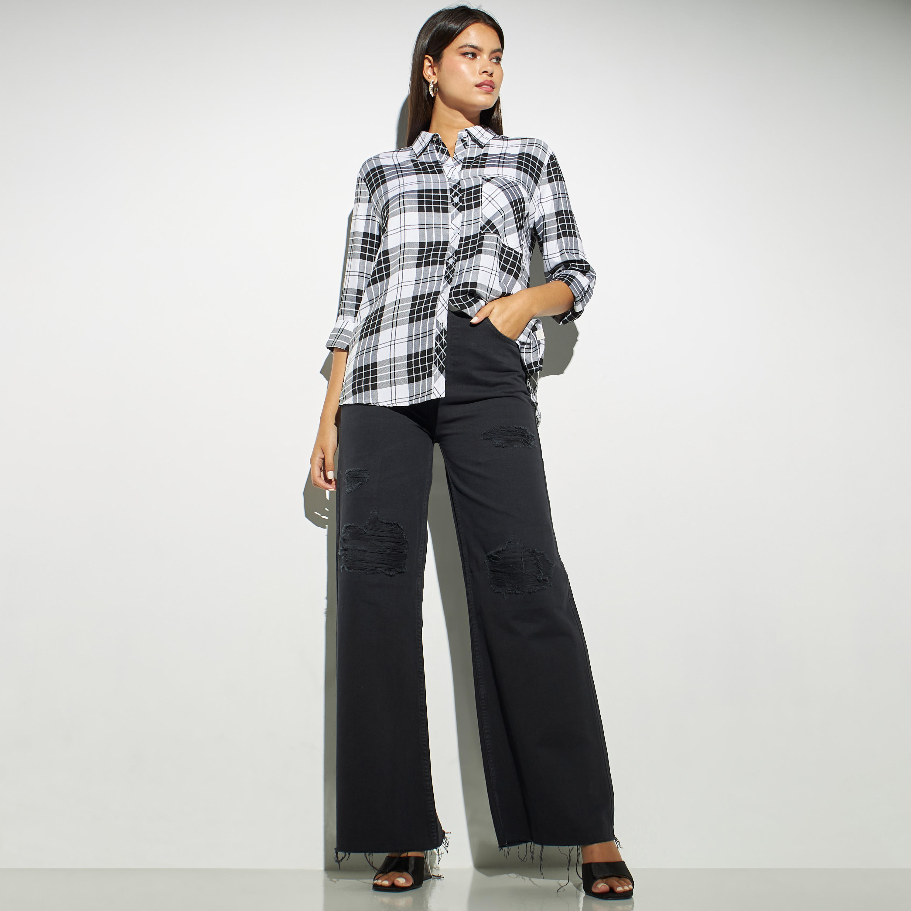 Lee Cooper Checked Shirt with Roll-Up Sleeves and Pocket-women-clothing-shirtsandblouses-shirts-image-2