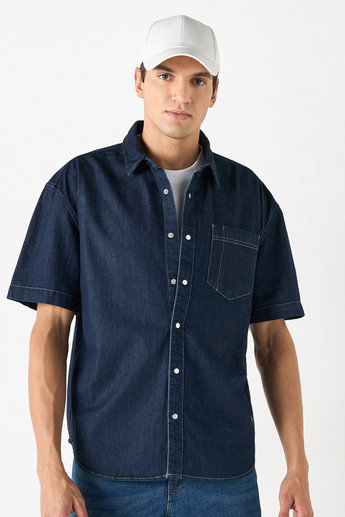 Shop Lee Cooper Regular Fit Denim Shirt with Short Sleeves Online