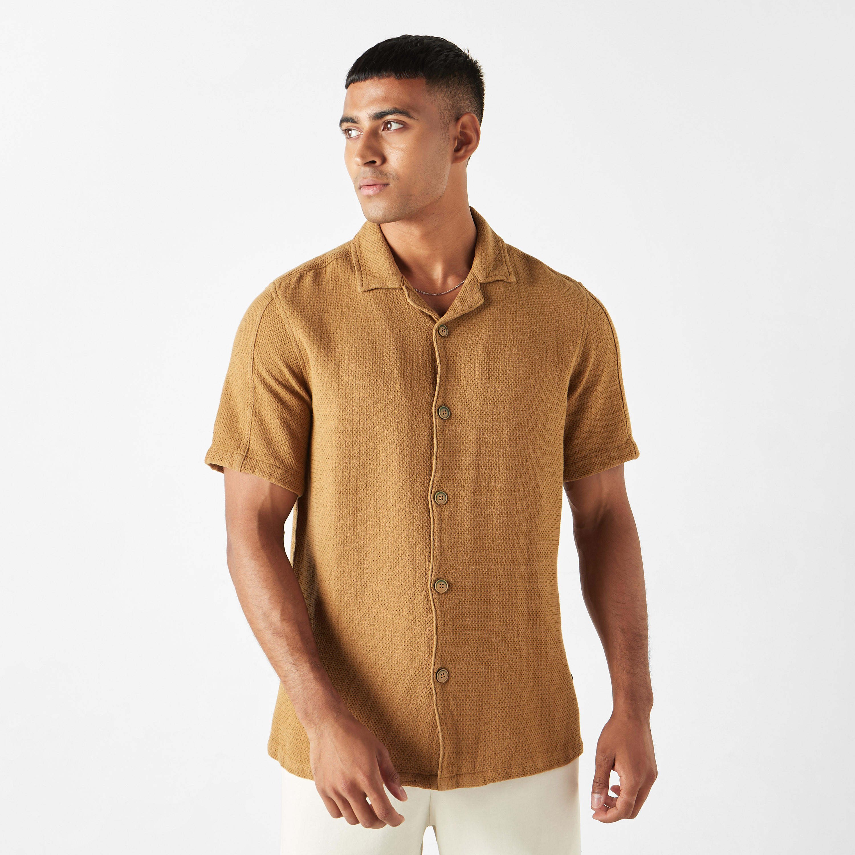 Lee Cooper Relaxed Fit Textured Oversized Shirt with Short Sleeves-men-clothing-shirts-image-1
