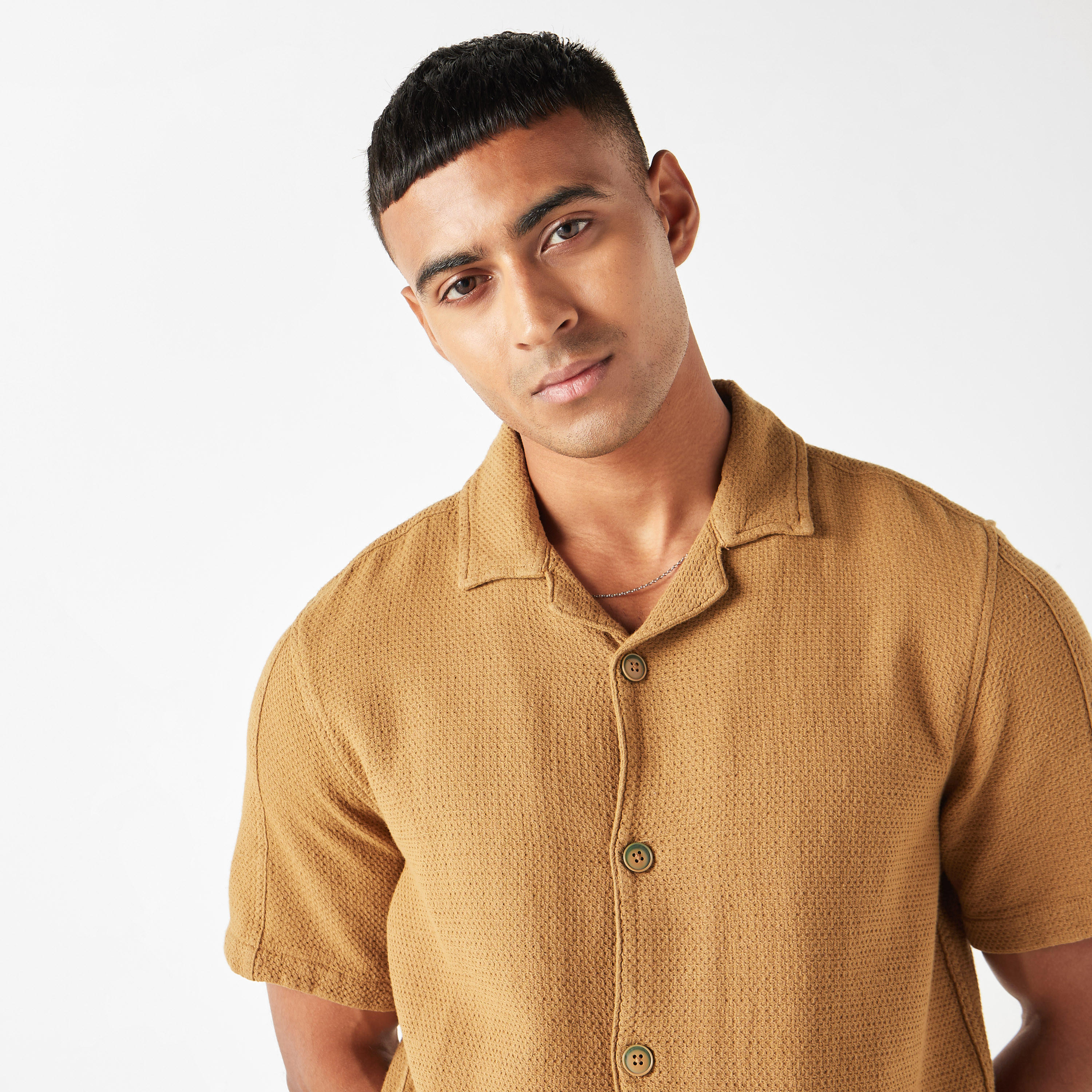 Lee Cooper Relaxed Fit Textured Oversized Shirt with Short Sleeves-men-clothing-shirts-image-4